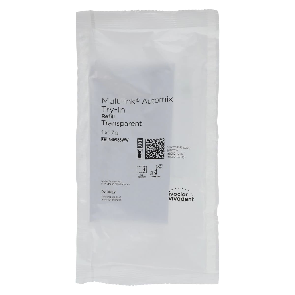 Multilink Automix NG Try-In Paste Syringe, Transparent, 1.7 g, Refill, 645956WW - Multilink&reg; Automix Adhesive Cementation System - Try-In Refill - Transparent - Image 1