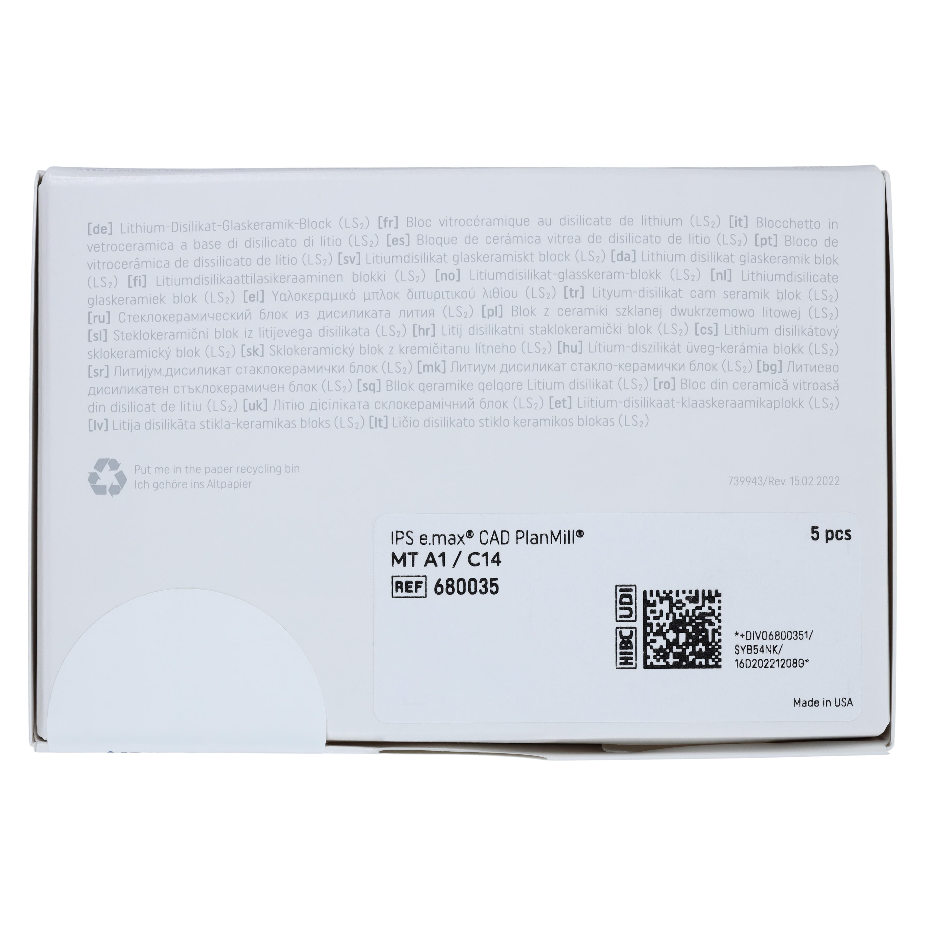 IPS e.max CAD PlanMill MT A1 C14 Milling Blocks, Medium Translucency, Shade A1, 5/Box thumbnail 7