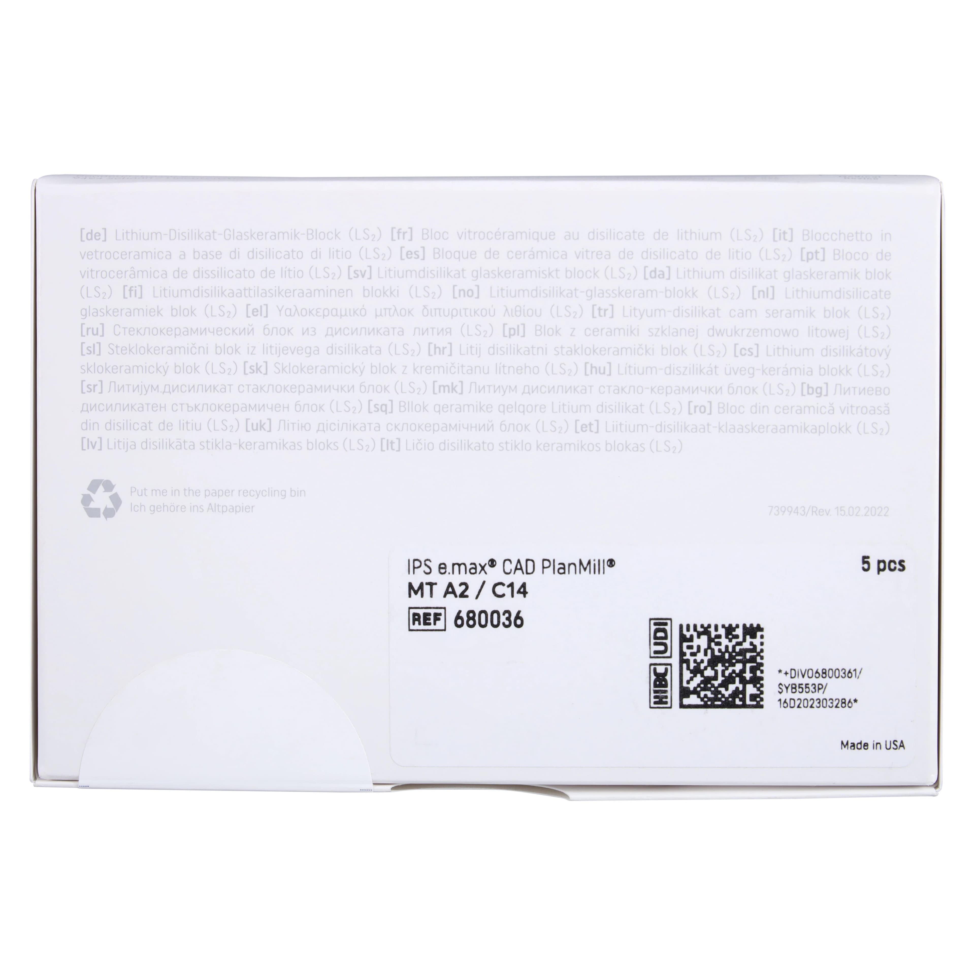 IPS e.max CAD PlanMill MT A2 C14 Milling Blocks, Medium Translucency, Lithium Disilicate, 5/Pkg thumbnail 7
