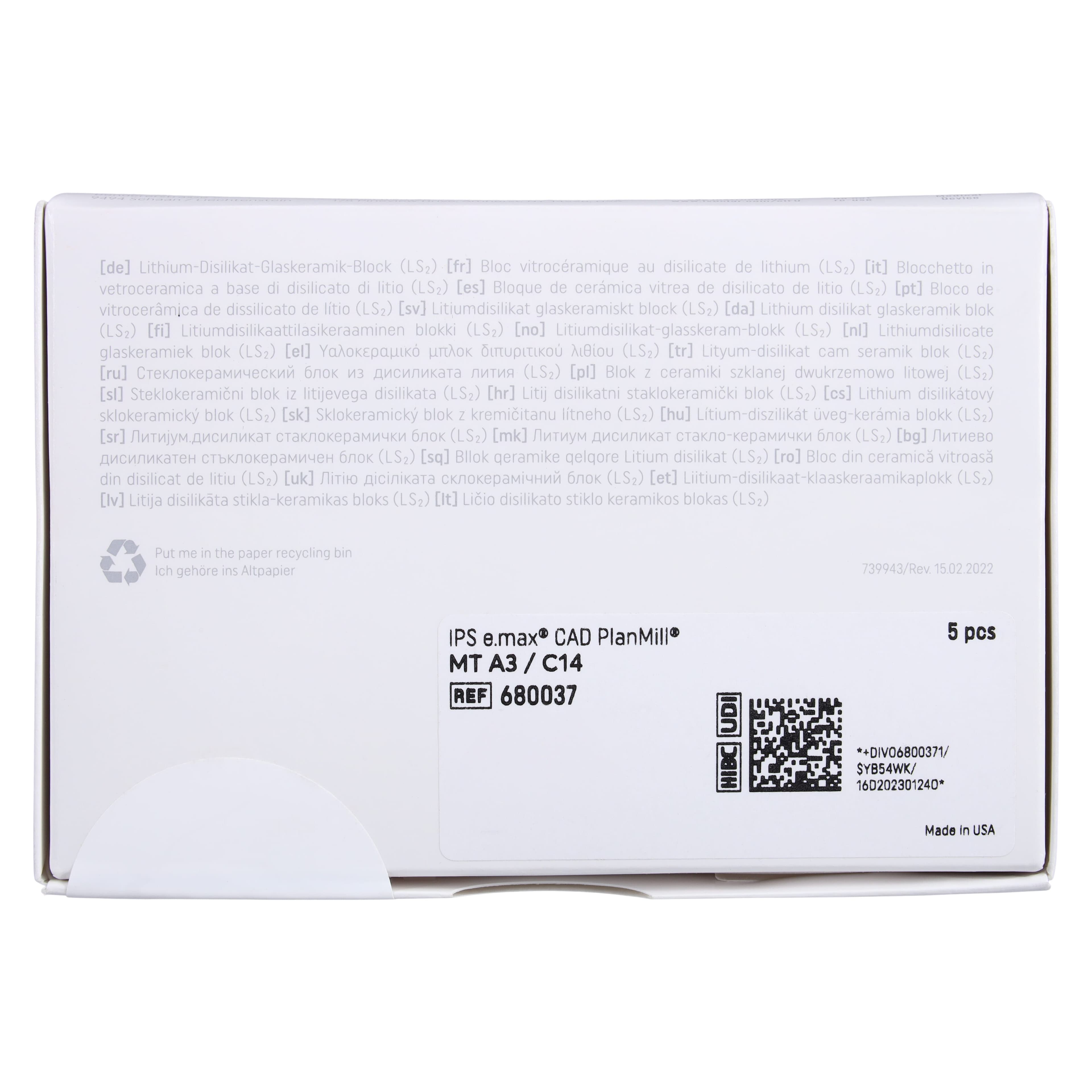 IPS e.max CAD PlanMill MT C14 A3 Lithium Disilicate Milling Blocks, Medium Translucency, Shade A3, 5/Box thumbnail 7