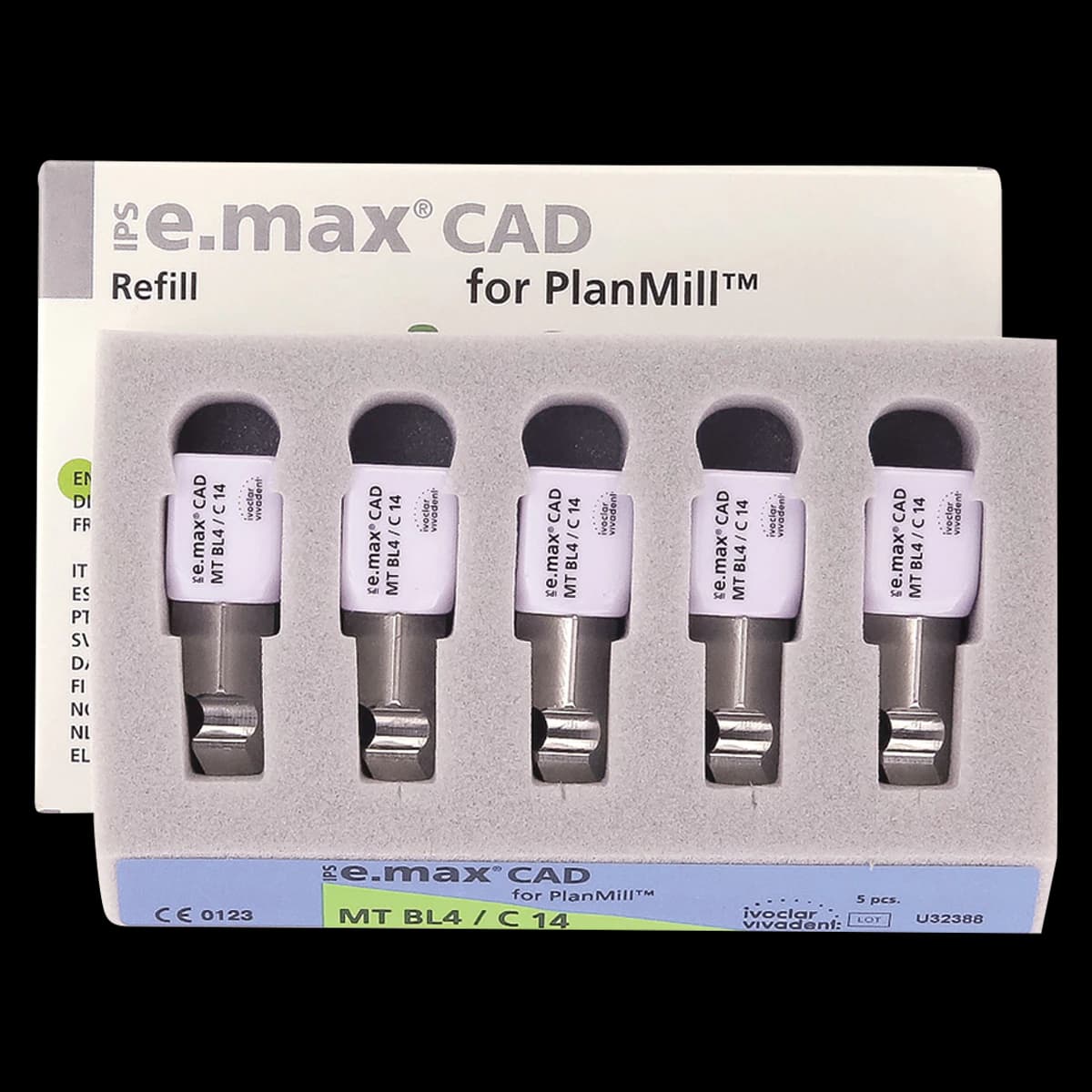 IPS e.max CAD PlanMill Blocks, Medium Translucency, Shade BL4, Size C14, 5/Box - IPS e.max CAD Blocks PlanMill MT BL4 C14 (5) - Image 1