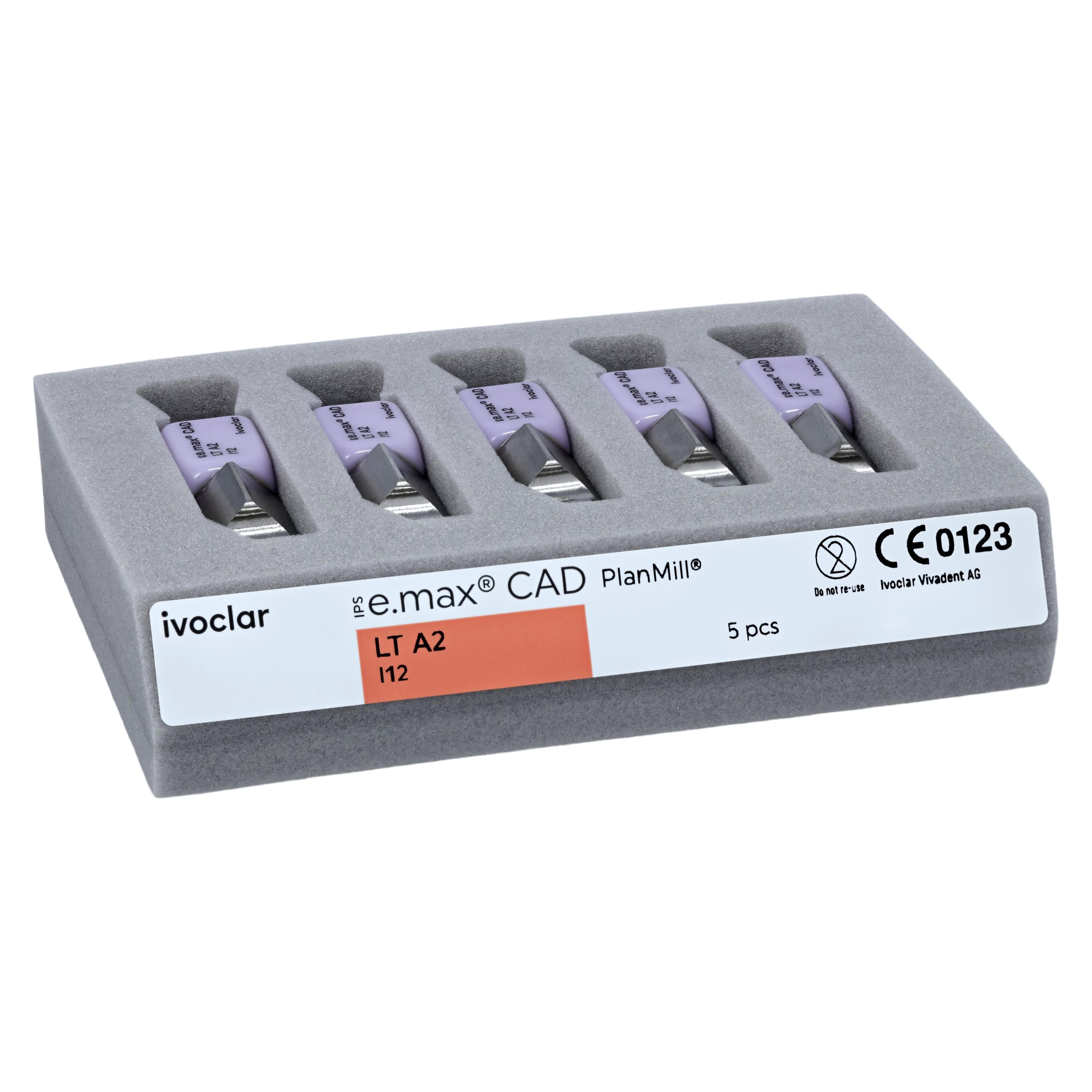 IPS e.max CAD PlanMill LT I12 A2 Lithium Disilicate Milling Blocks, Low Translucency, Shade A2, 5/Box thumbnail 3