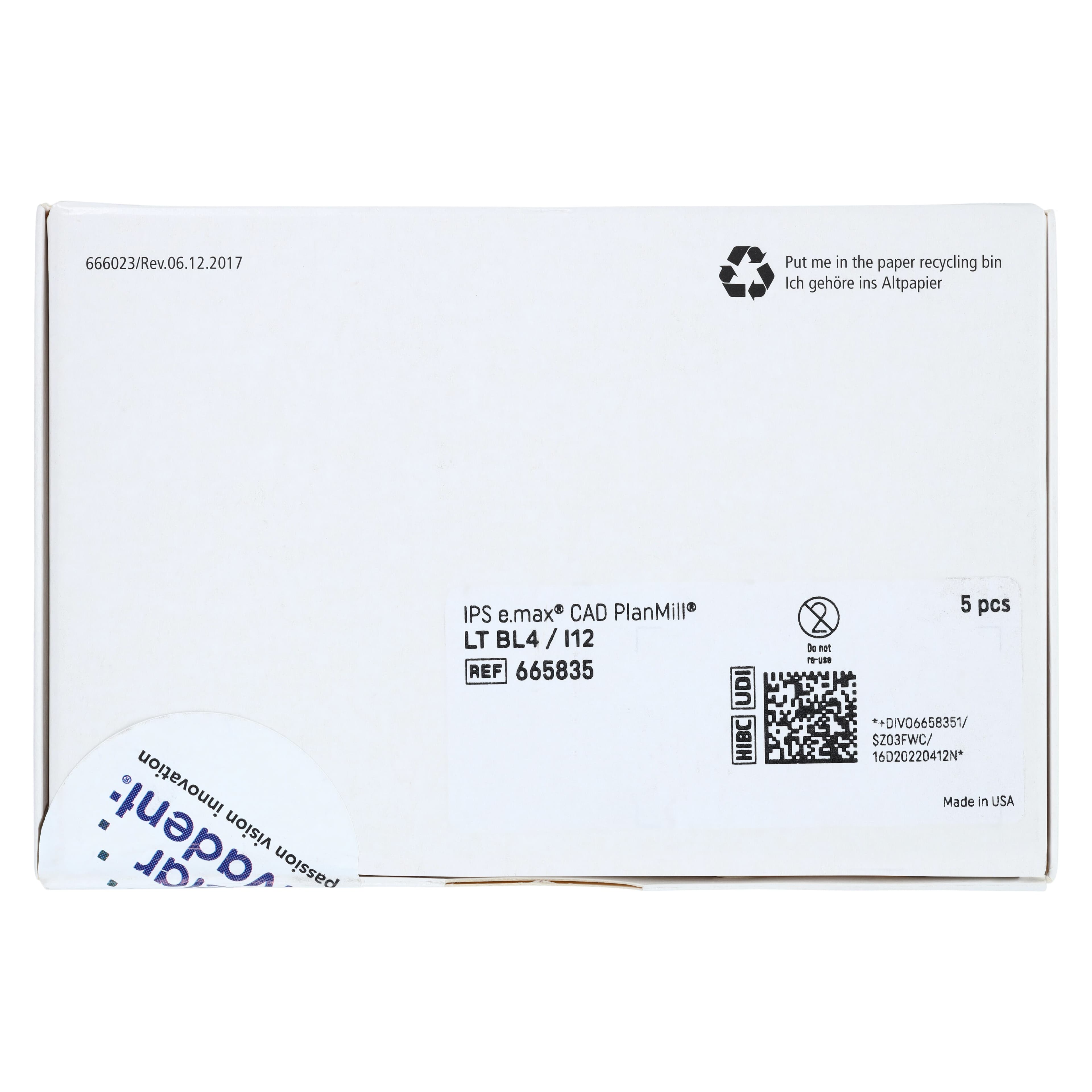 IPS e.max CAD PlanMill Blocks LT I12 BL4, Low Translucency, Lithium Disilicate, 5/Box thumbnail 7