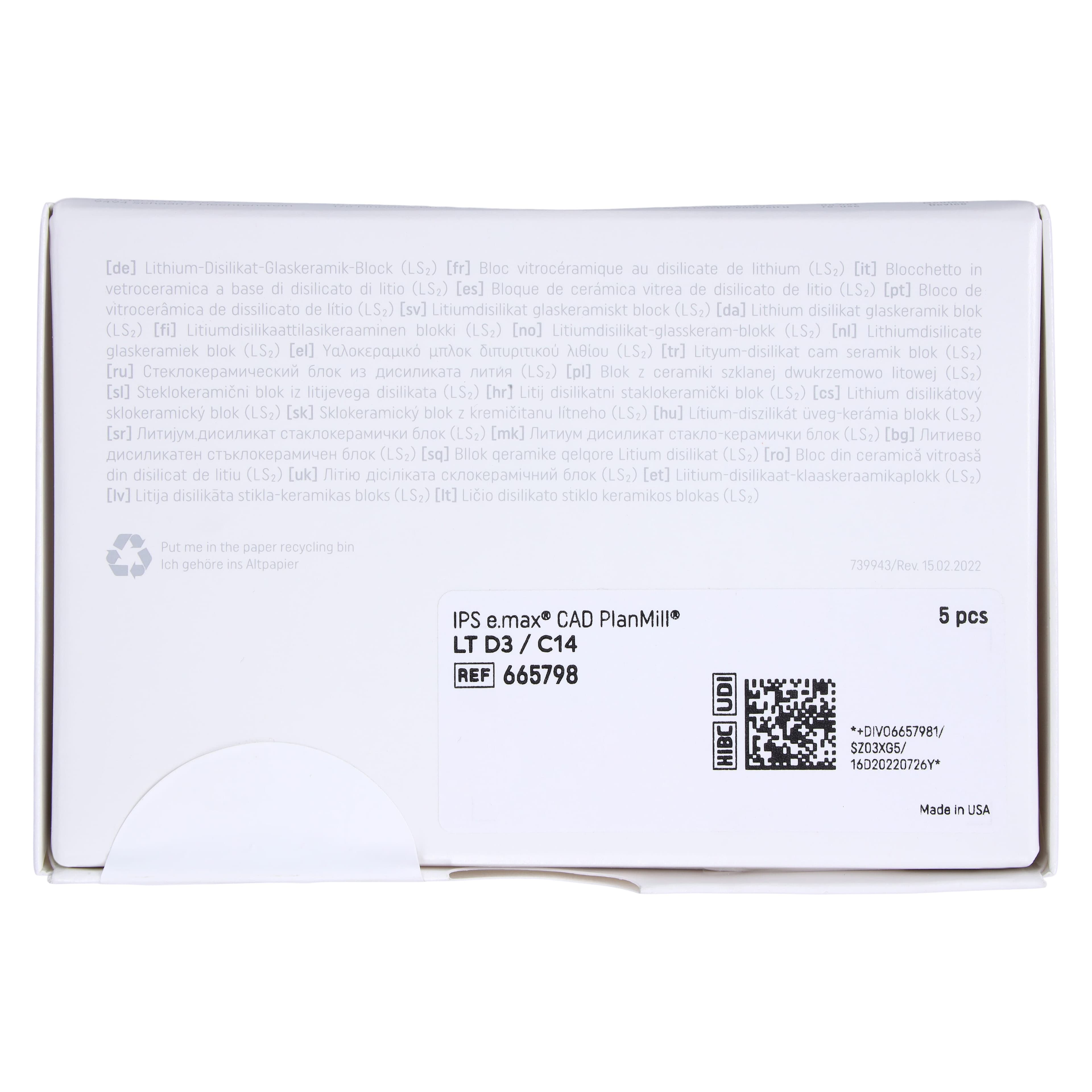 IPS e.max CAD PlanMill LT D3 C14 Milling Blocks, Low Translucency, Shade D3, 5/Box thumbnail 7
