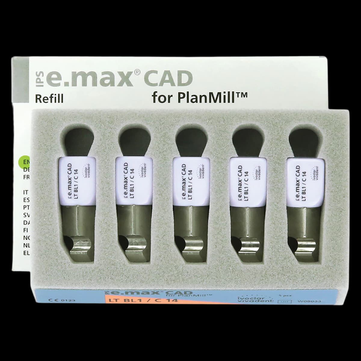 IPS e.max CAD PlanMill Blocks, Low Translucency (LT), C14, Shade BL1, 5/Box - IPS e.max CAD Blocks PlanMill LT BL1 C14 (5) - Image 1