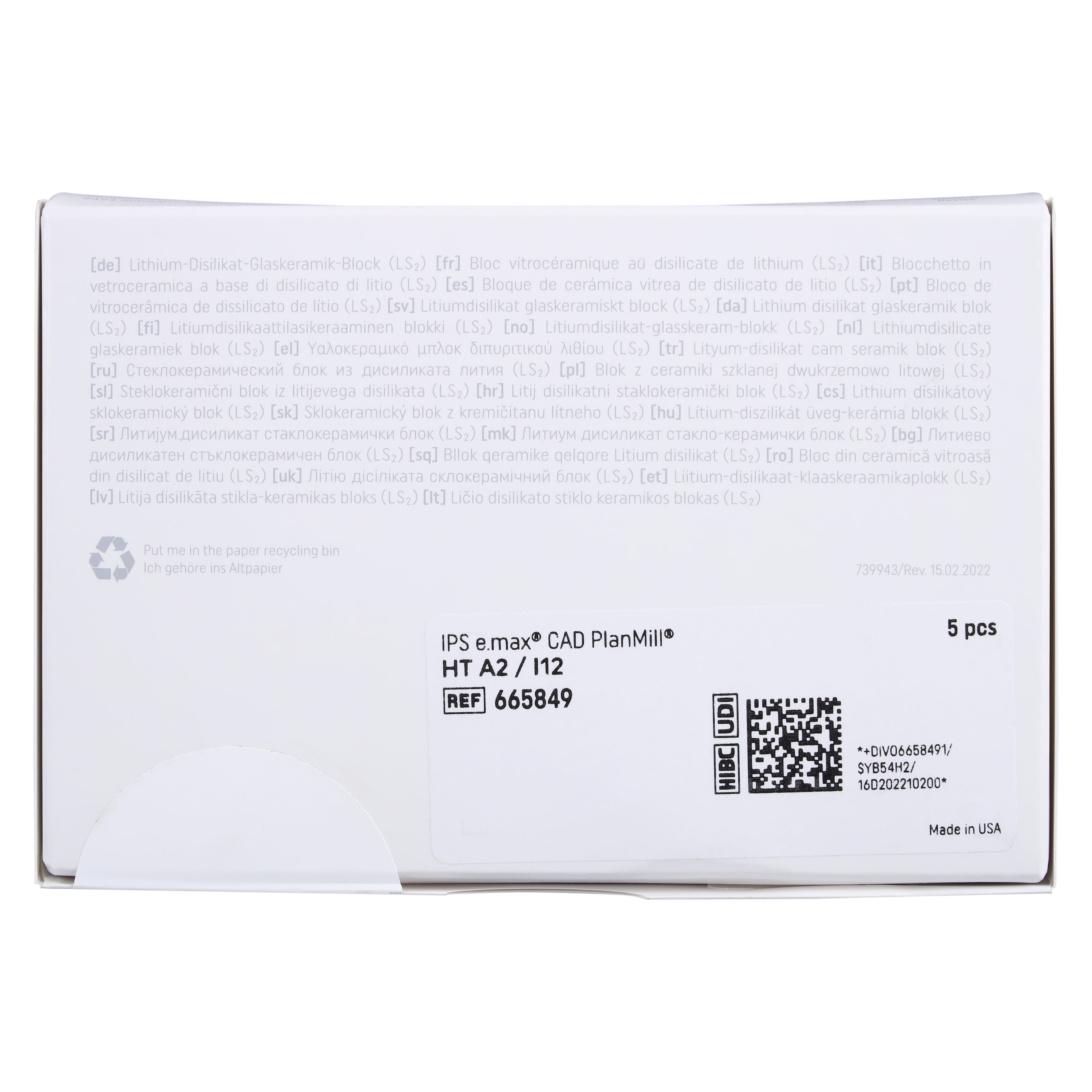 IPS e.max CAD PlanMill HT A2 I12 Milling Blocks, High Translucency, Shade A2, 5/Box thumbnail 7