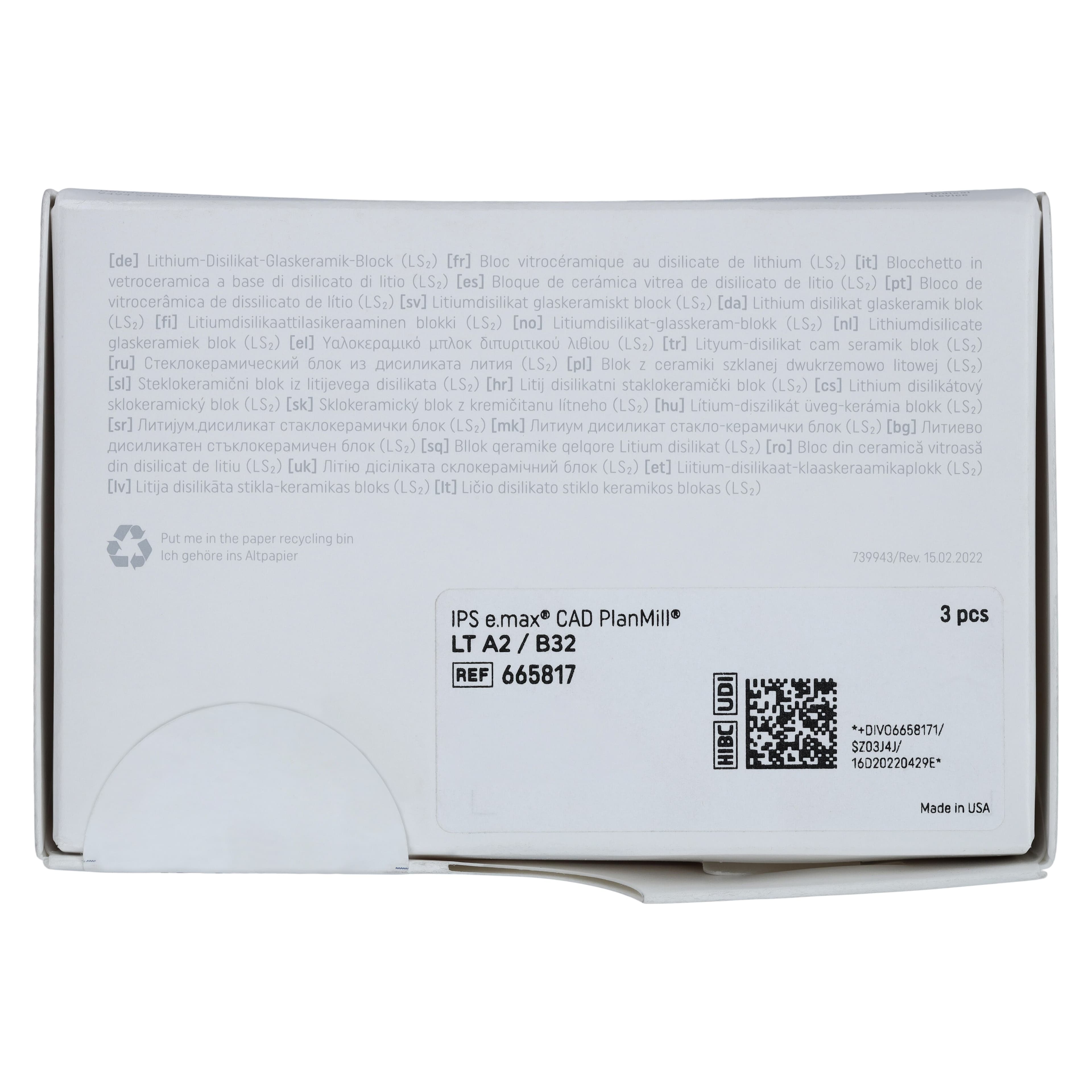 IPS e.max CAD PlanMill Blocks, Low Translucency (LT), Shade A2, Size B32, 3/Box thumbnail 7