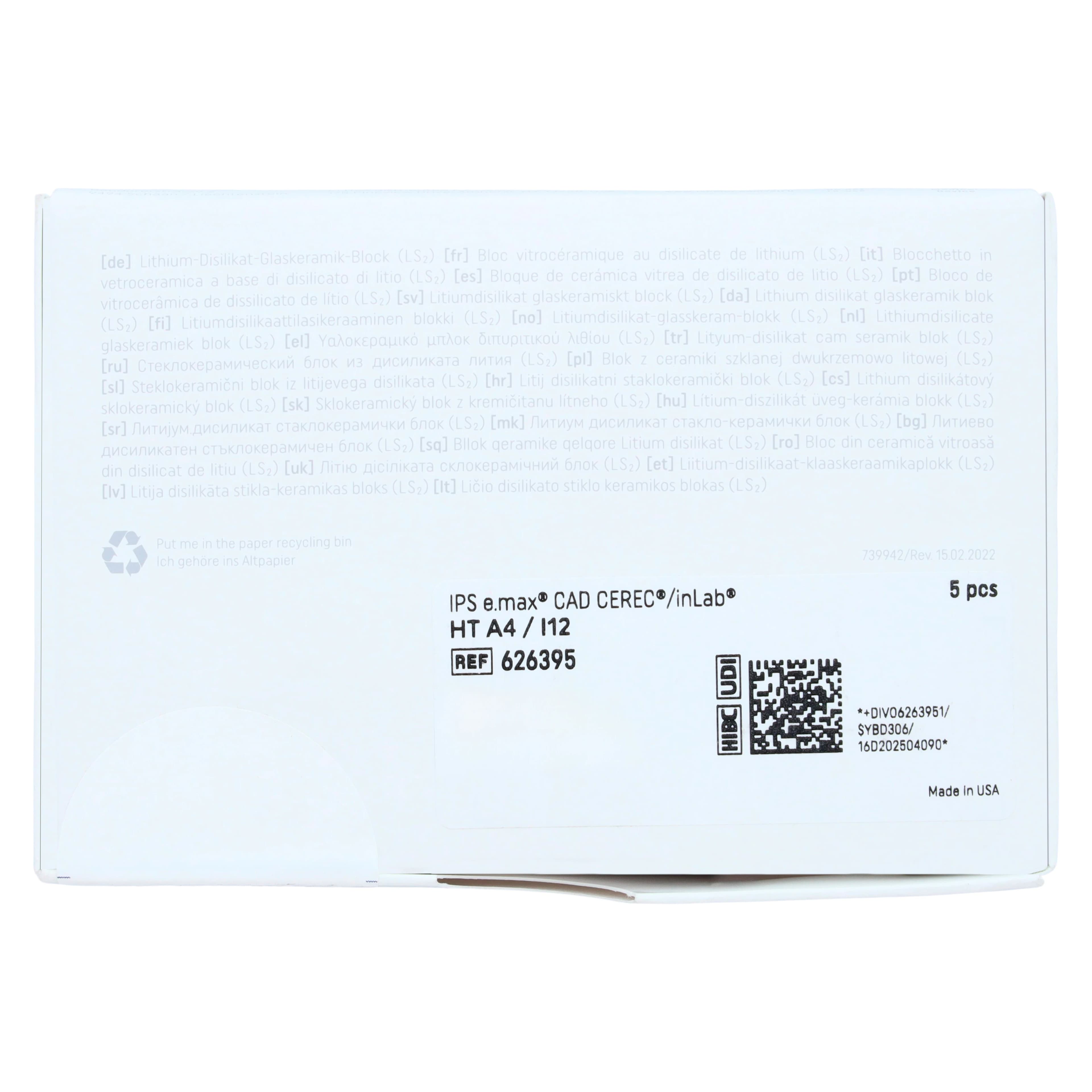 IPS e.max CAD HT (High Translucency) Lithium Disilicate Milling Block, Shade A4, Size I12, for CEREC/inLab, 5/Pkg thumbnail 5