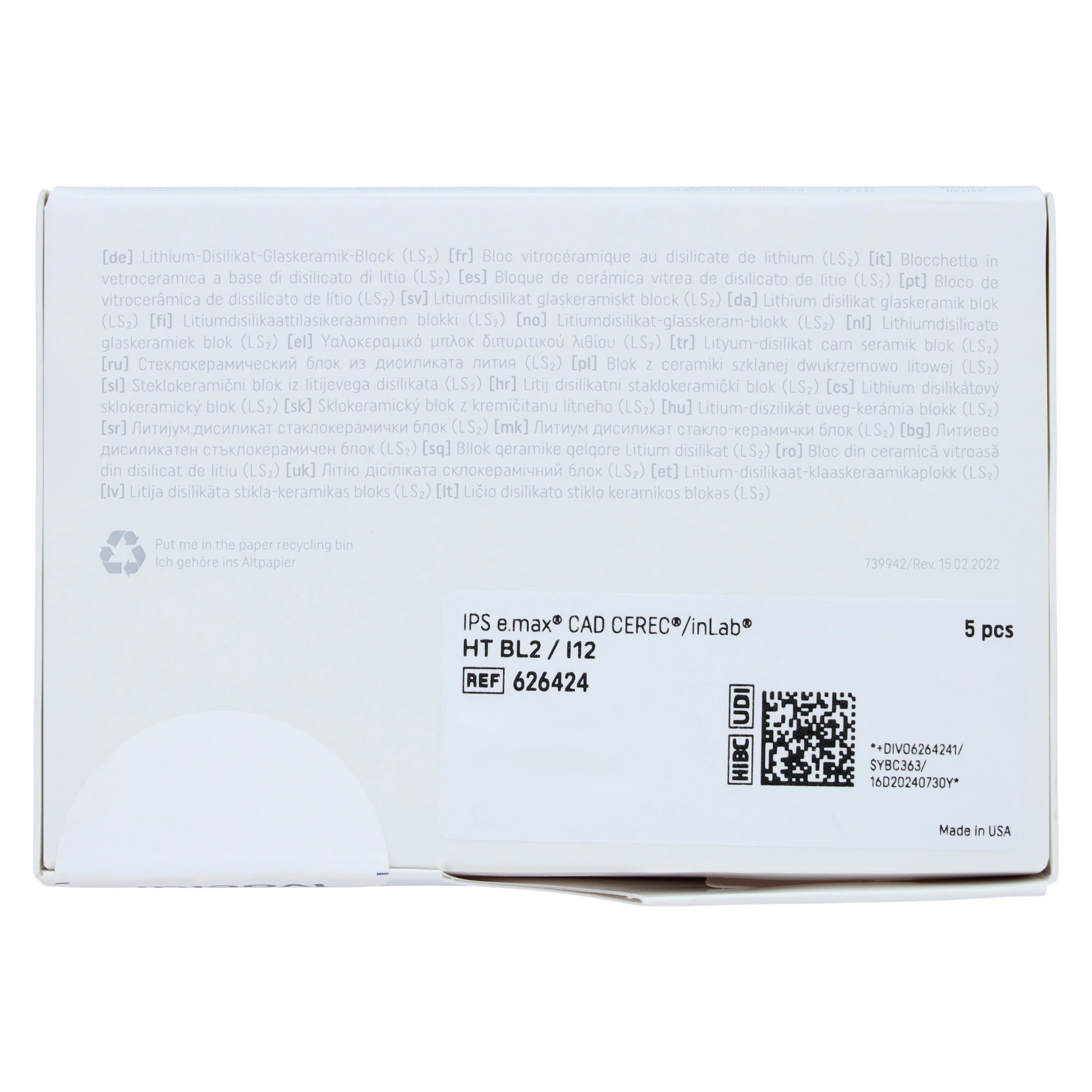 IPS e.max CAD HT Lithium Disilicate Milling Block, Size I12, Shade BL2, for CEREC/inLab, 5/Box thumbnail 5