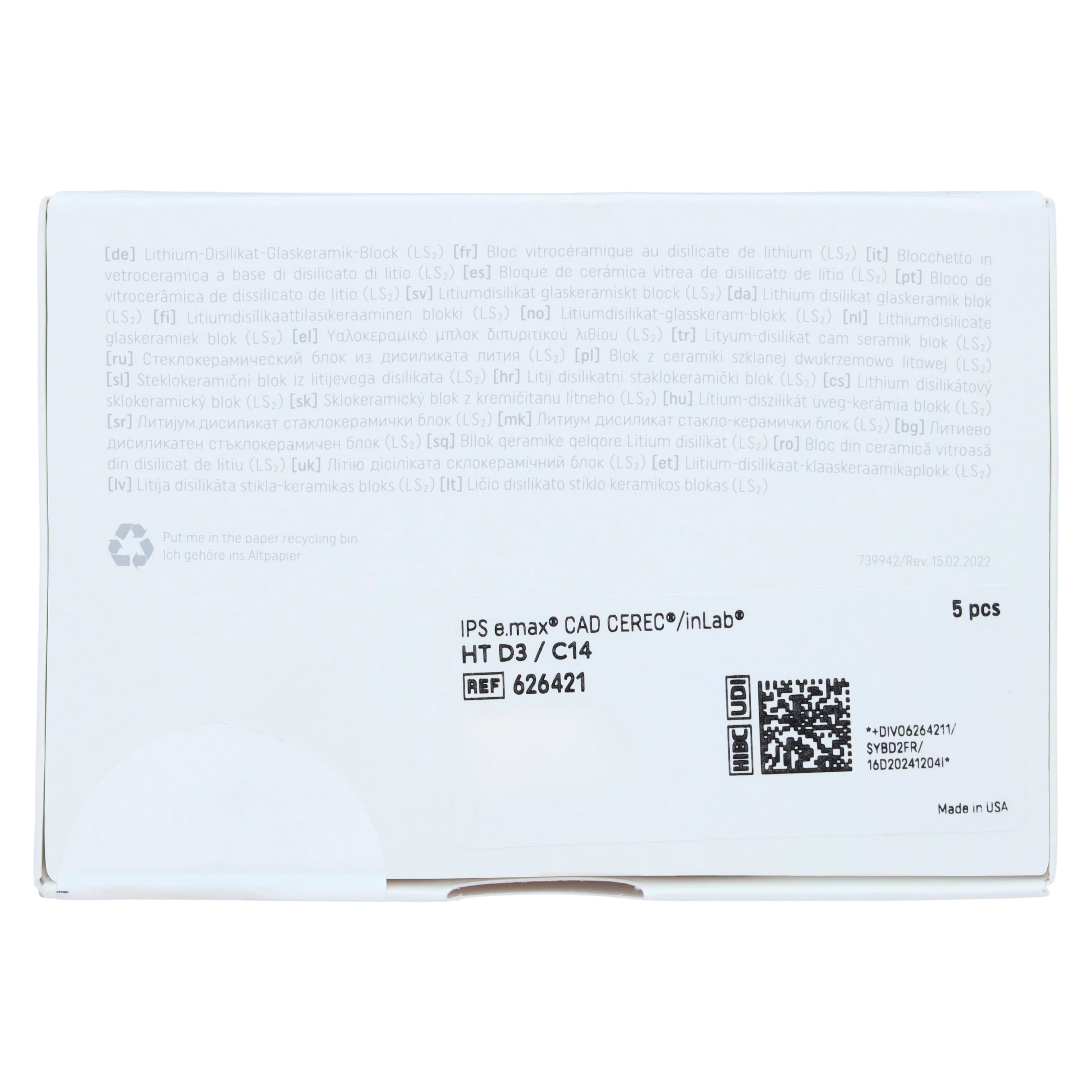 IPS e.max CAD CEREC/inLab HT Block, High Translucency, Shade D3, Size C14, 5/Pkg thumbnail 5