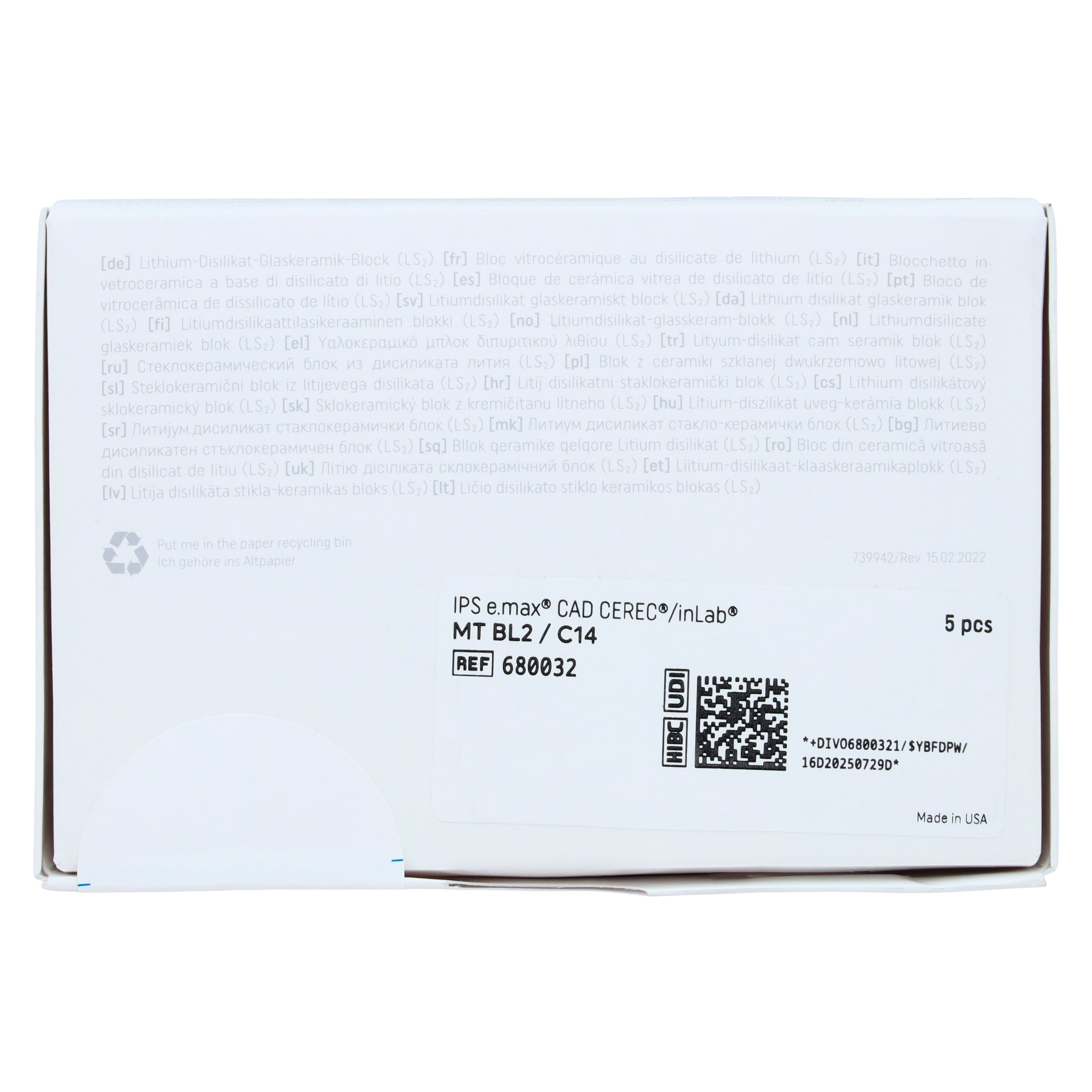 IPS e.max CAD MT (Medium Translucency) Lithium Disilicate Milling Blocks, Shade BL2, Size C14, 5/Box thumbnail 5