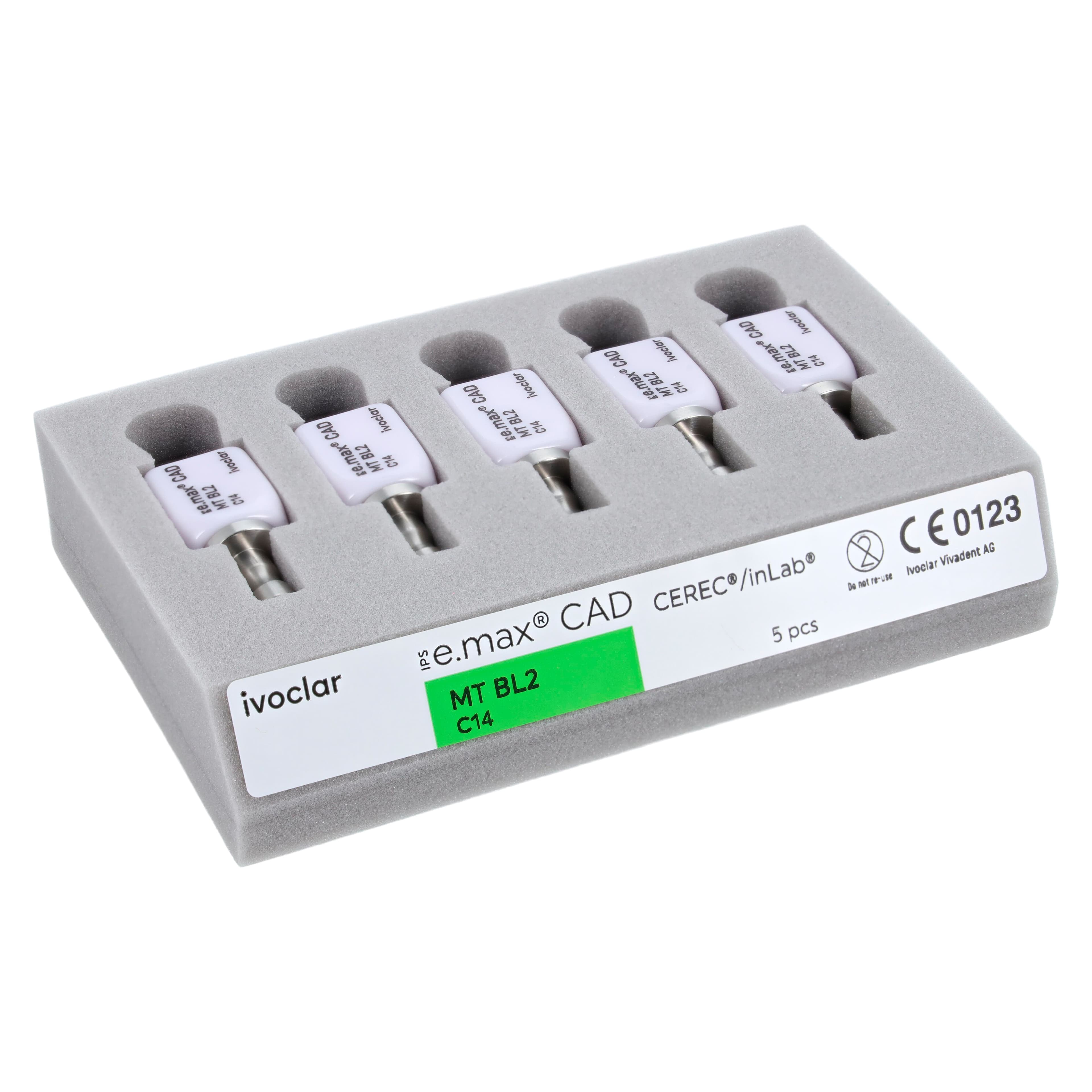 IPS e.max CAD MT (Medium Translucency) Lithium Disilicate Milling Blocks, Shade BL2, Size C14, 5/Box thumbnail 2