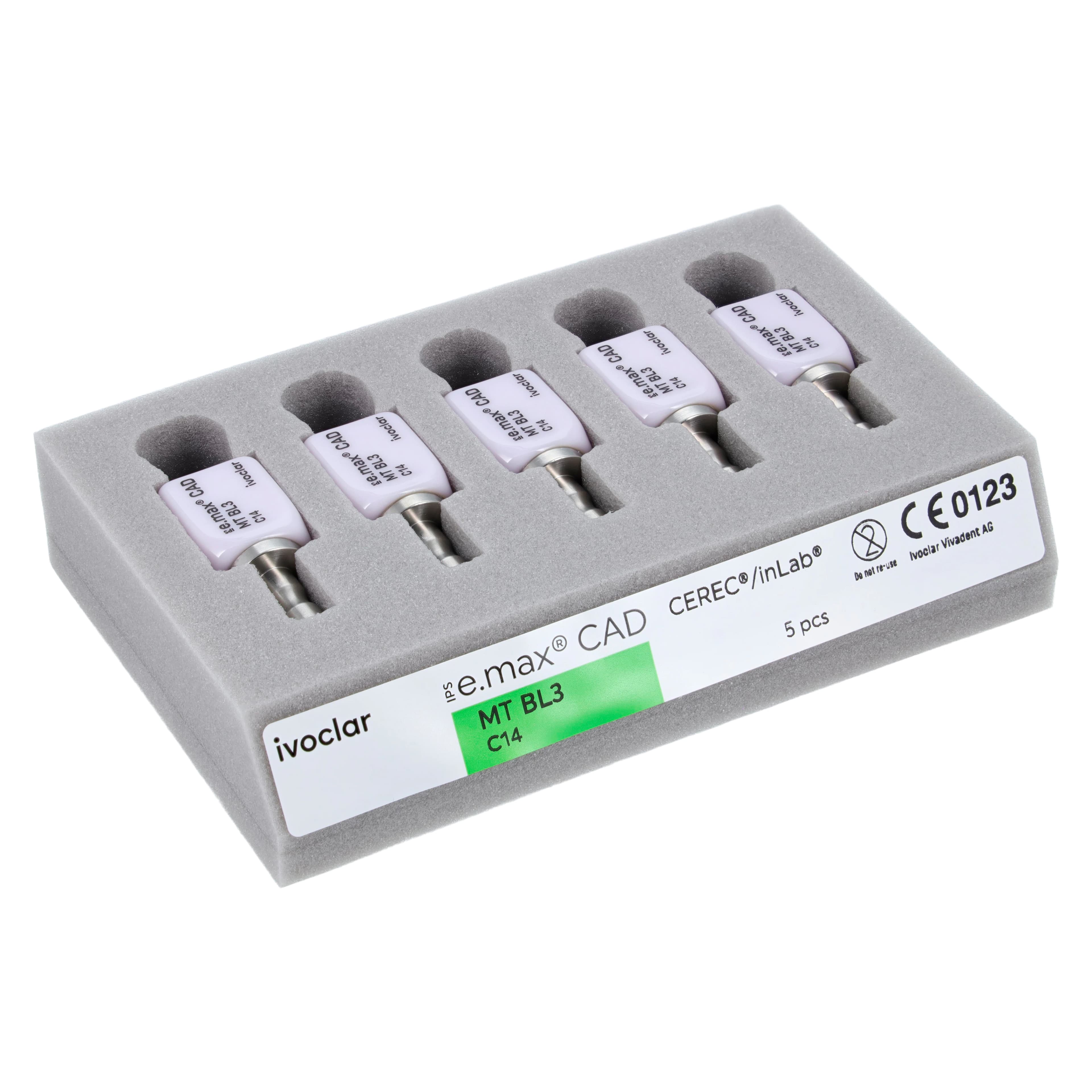 IPS e.max CAD MT (Medium Translucency) Lithium Disilicate Milling Blocks, Shade BL3, Size C14, 5/Box thumbnail 3