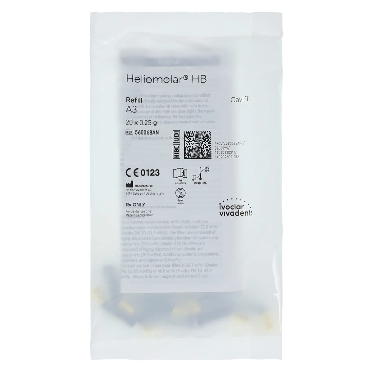 Heliomolar HB Heavy Body Microfill Composite Refill, Shade A3 (210), 20 x 0.25 g Cavifils, 560068AN - Heliomolar HB Shade 210/A3 .25g Cavifils Refill - Image 1