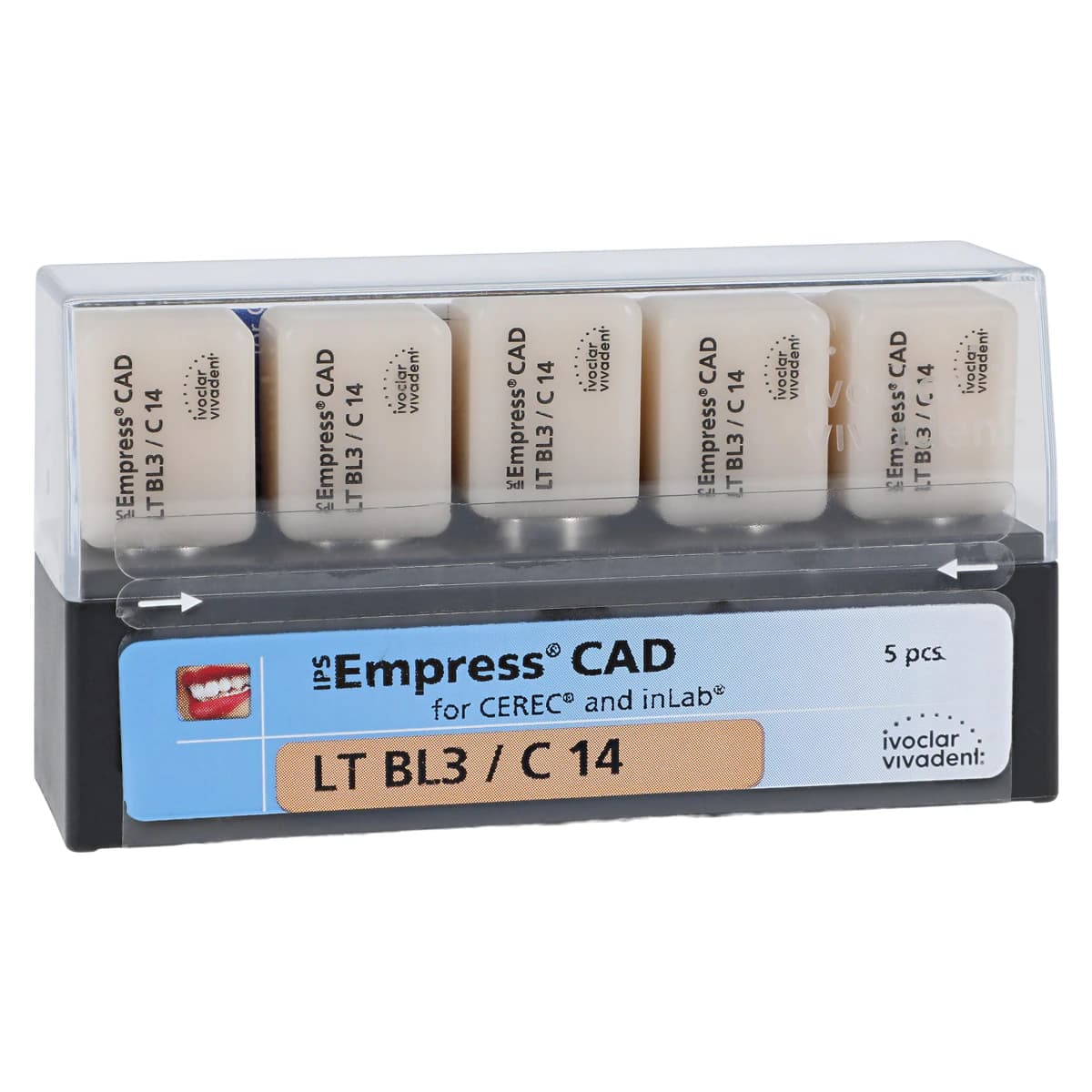 IPS Empress CAD LT Leucite Glass-Ceramic Milling Block, Low Translucency, Shade BL3, Size C14, 5/Box - IPS Empress CAD LT C14 for CEREC - Image 1