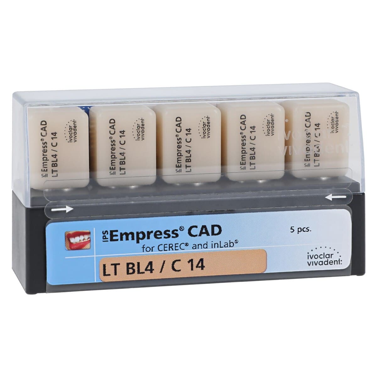 IPS Empress CAD LT (Low Translucency) Leucite Glass-Ceramic Milling Block, Shade BL4, Size C14, 5/Box - IPS Empress CAD LT C14 for CEREC - Image 1