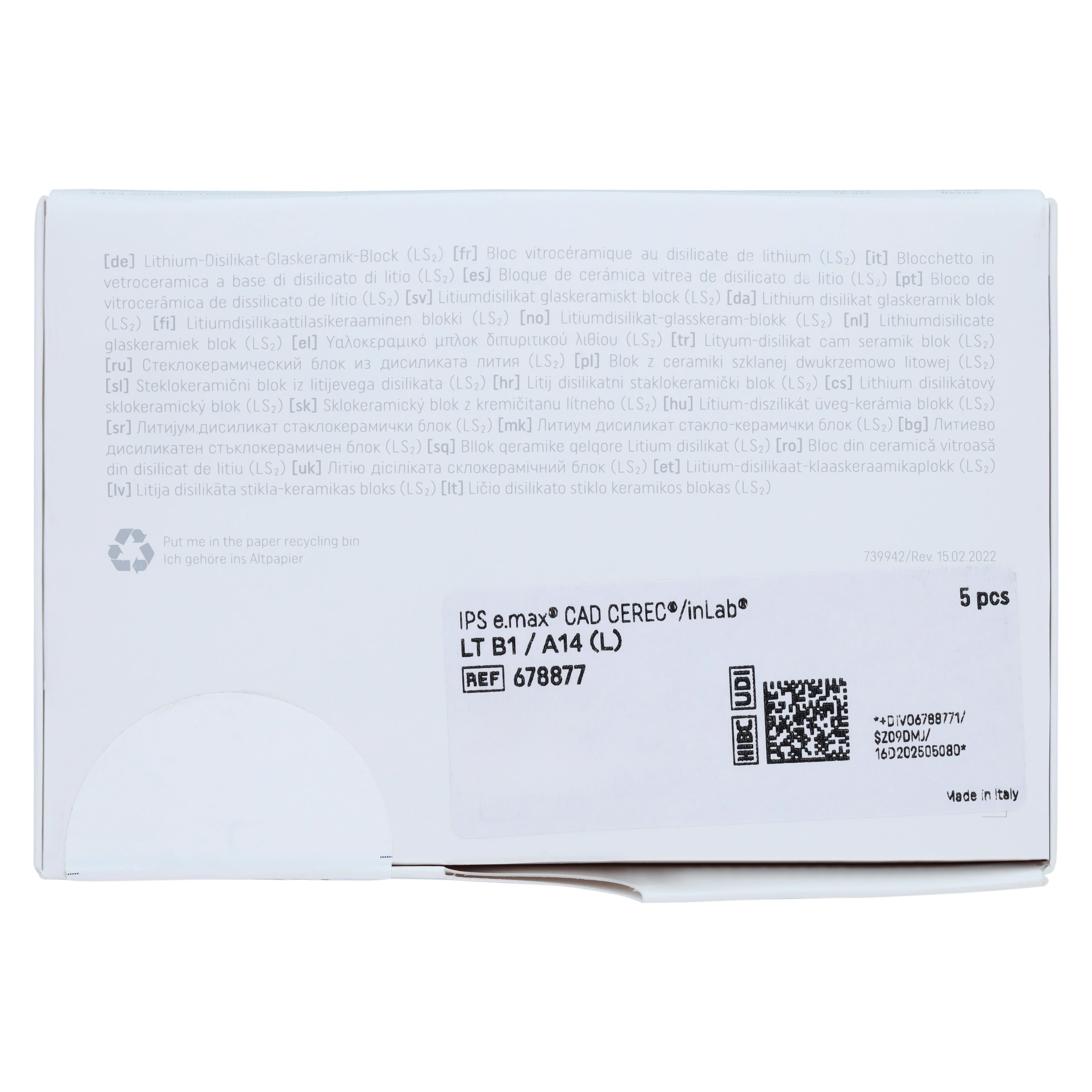 IPS e.max CAD LT A14 (L) Lithium Disilicate Milling Block, Shade B1, Low Translucency, 5/Pkg thumbnail 5