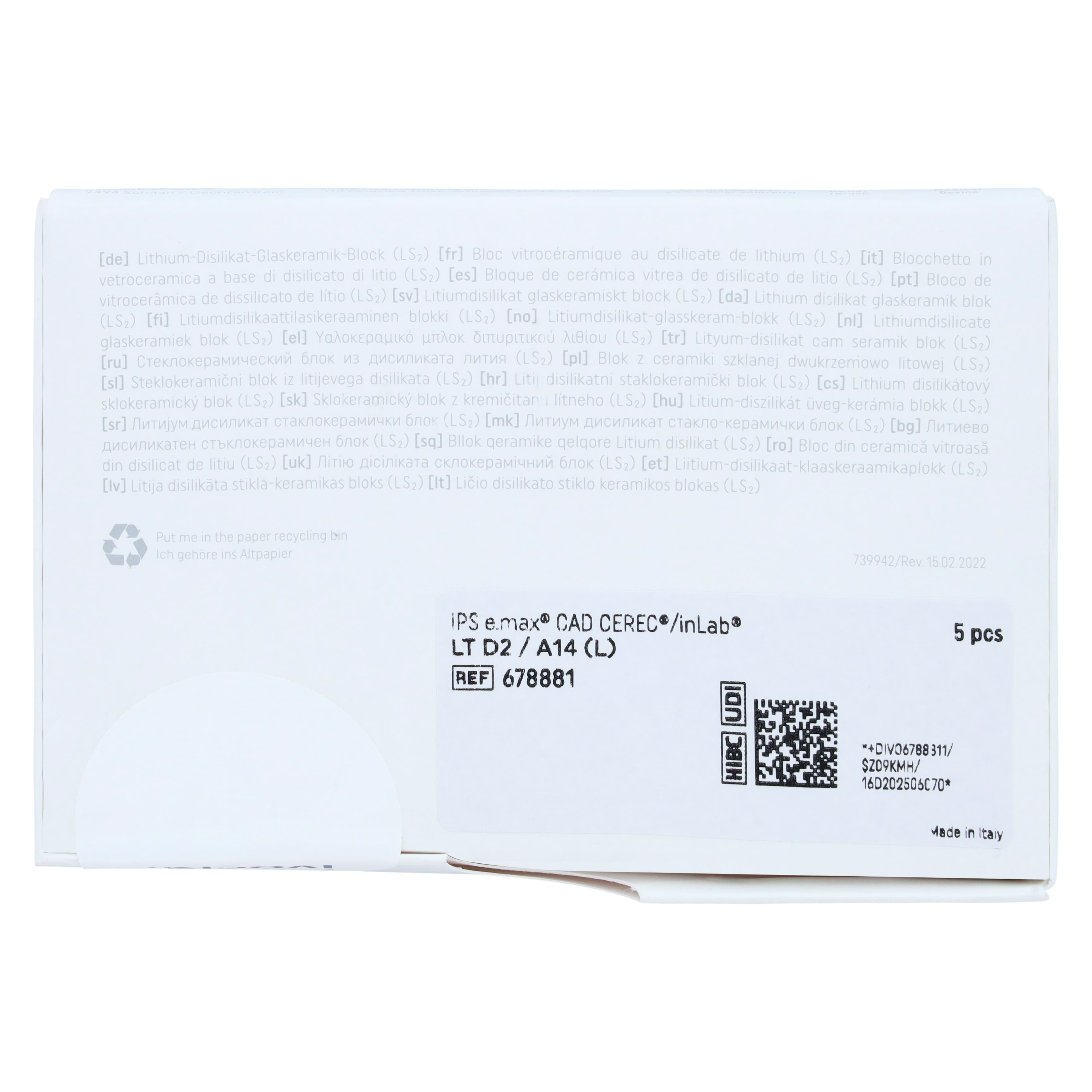 IPS e.max CAD LT (Low Translucency) Lithium Disilicate Milling Block, Shade D2, Size A14 (L), 5/Pkg thumbnail 5