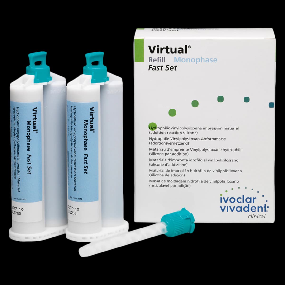 Virtual Monophase Fast Set VPS Impression Material Refill, 50 mL Cartridges, 2/Pack, Blue Mint - Virtual Refill w/Tips FS - Image 1