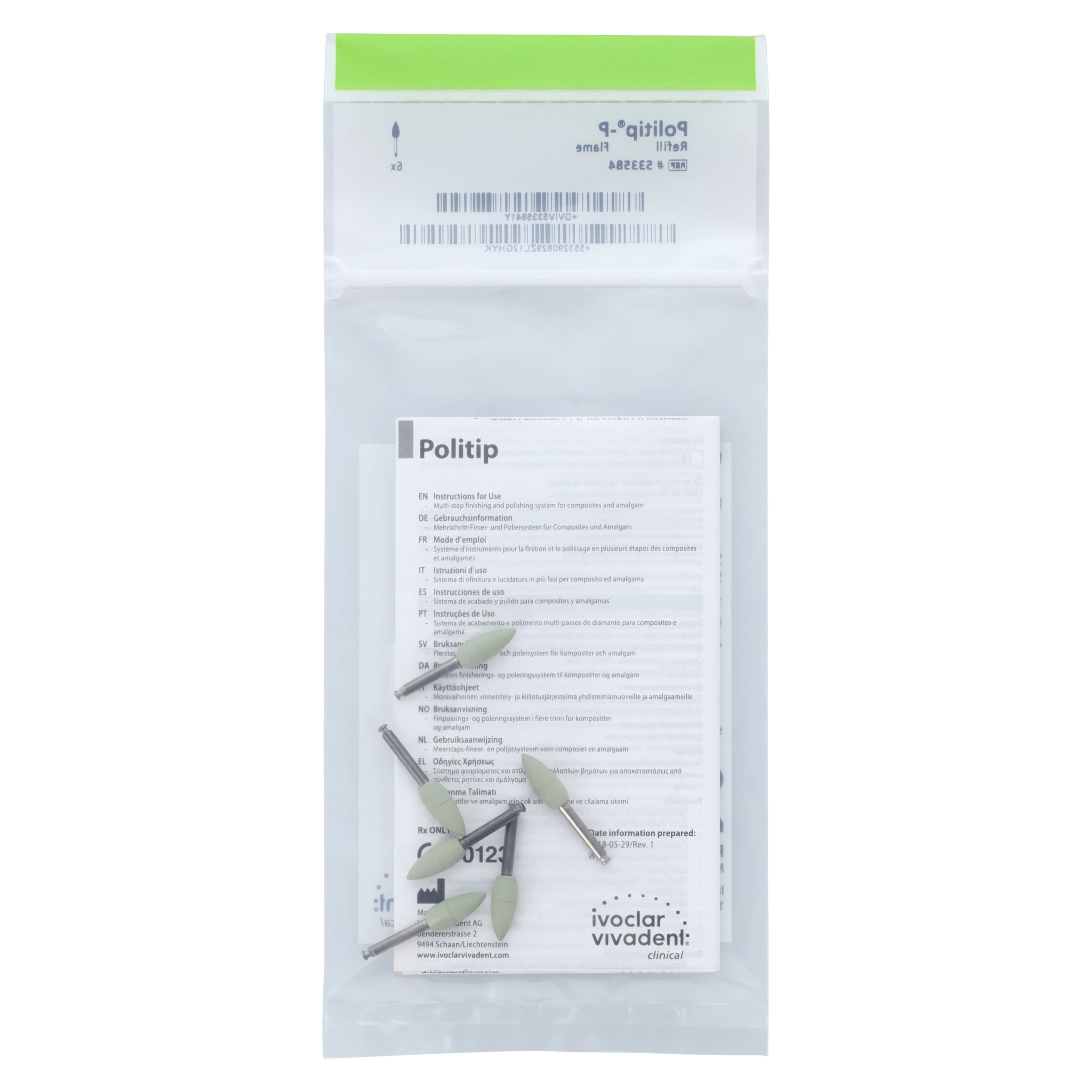 Politip-P Polishers, Green, Flame Shape (B), Latch Type, 6/Pkg, Ref 533584 - Politip® Polishers Green Flame Pkg/6 - Image 1