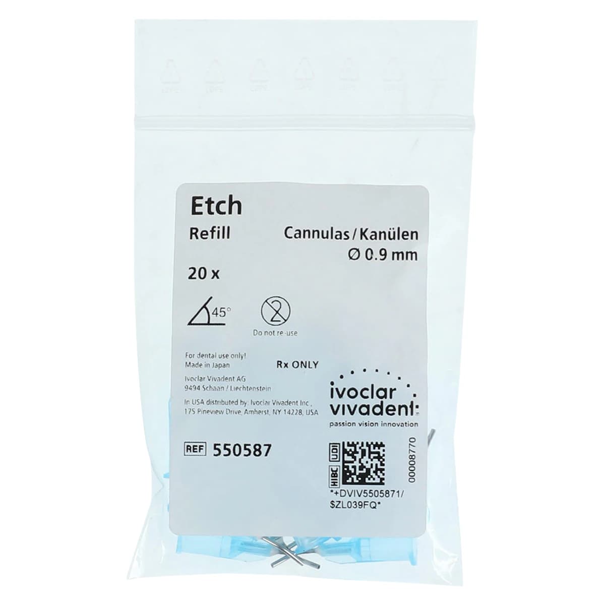 Ivoclar Vivadent Total Etch Application Cannulas, Pre-Bent 45°, Blue, 25 Gauge, 20/Box, #550587 - Etch Application Cannulas 20Pk - Image 1