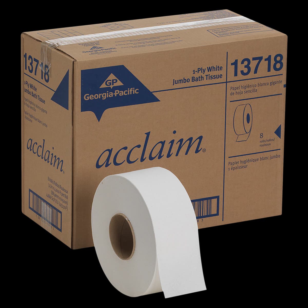 Georgia Pacific Pacific Blue Basic Jumbo Junior Toilet Tissue, 1-Ply, White, 3.3 in x 2000 ft, 8 Rolls/Case - Toilet Tissue 1-Ply White - Image 1