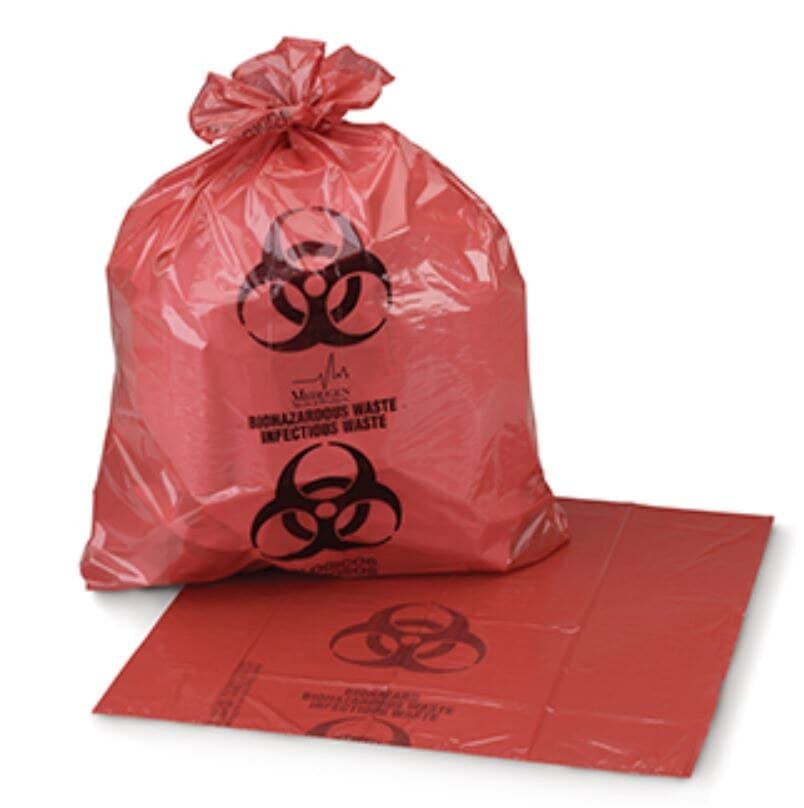 Medegen Biohazard Bag, 10 Micron, 40" x 48", Red/Black Star Seal, HDPE, Coreless Roll, 25/Roll, 10 Rolls/Case - Bag BioHaz 10mic 40x48 - Image 1