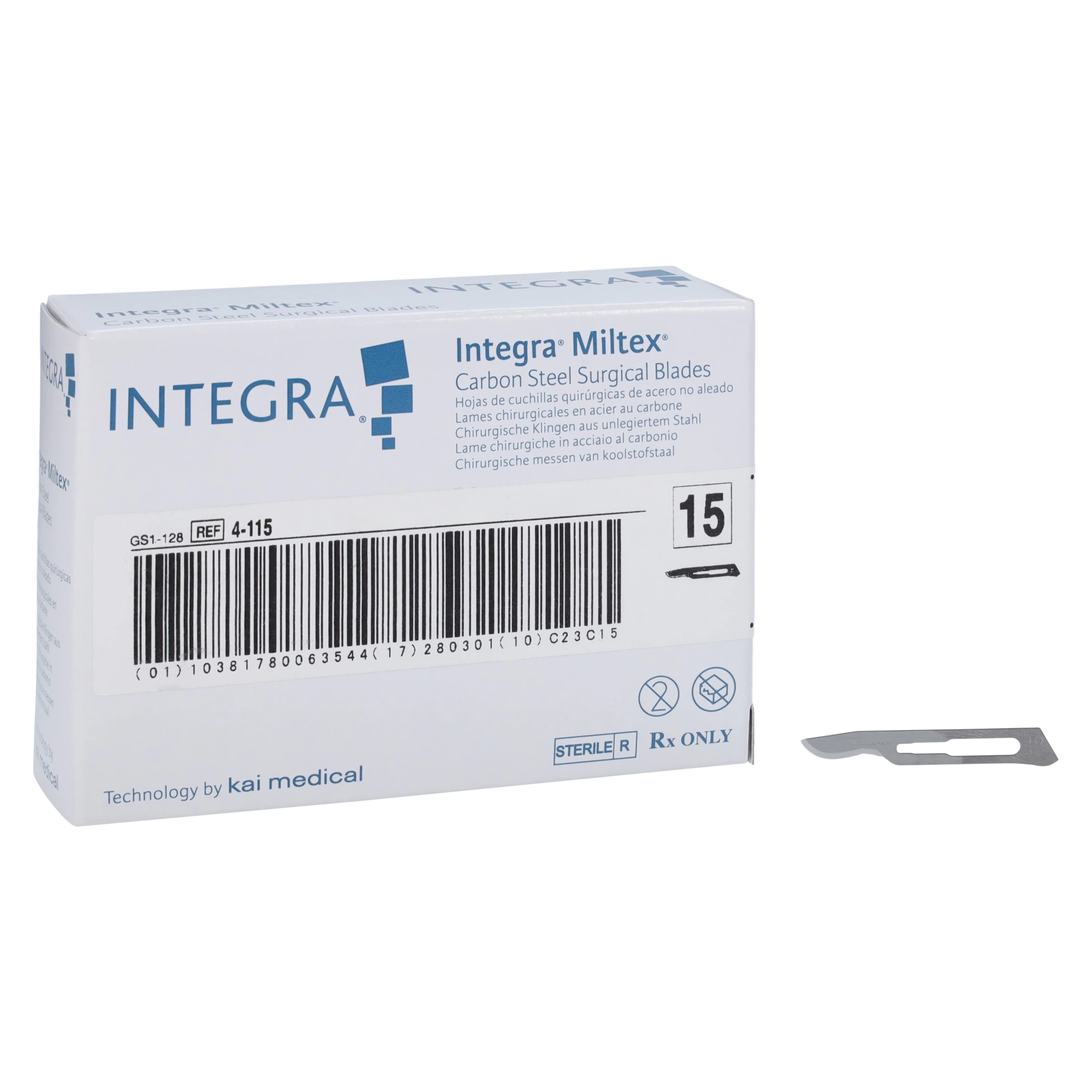 Miltex-Integra Carbon Steel Sterile Surgical Blade #15, Disposable, 100/Box - Surgeon Blades Carbon Steel - Image 1