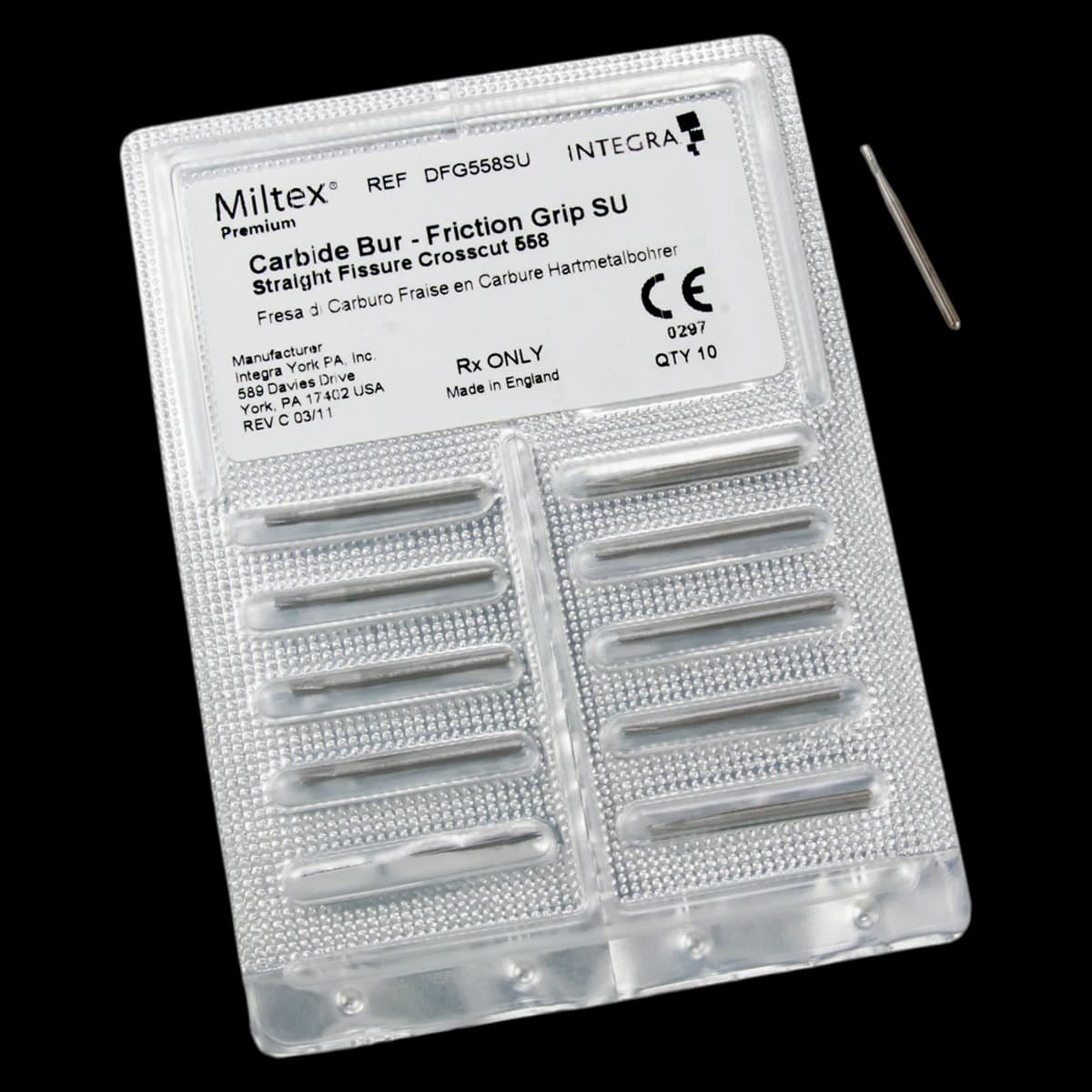 Miltex-Integra #558 Carbide Surgical Bur, Friction Grip, Crosscut Straight Fissure, Flat End, 10/Pack, DFG558SU - #558 Carbide Bur Surgical Pack of 10 - Image 1