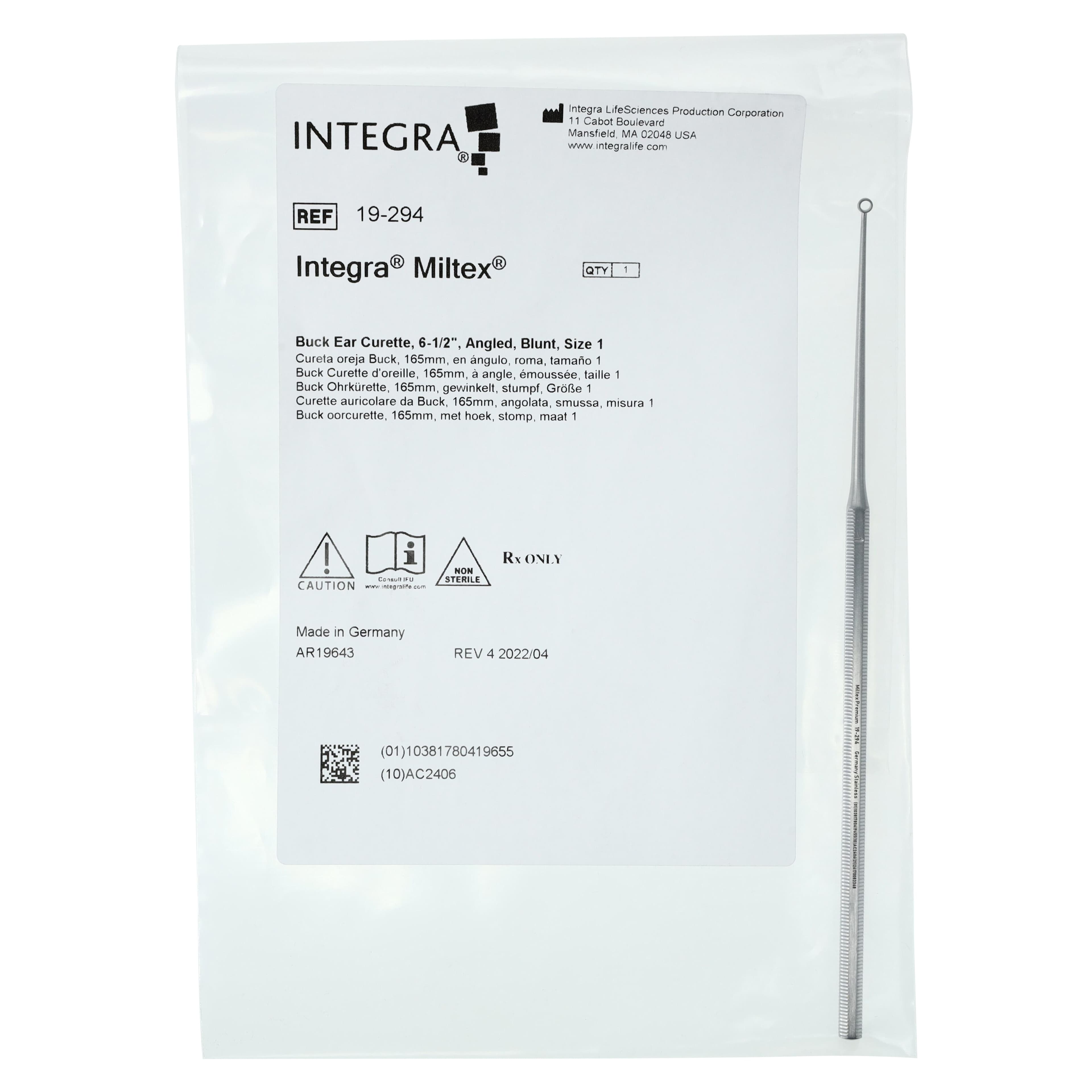 Miltex-Integra Buck Ear Curette, Blunt Angled, Size 1, 6-1/2" Stainless Steel, Each thumbnail 5
