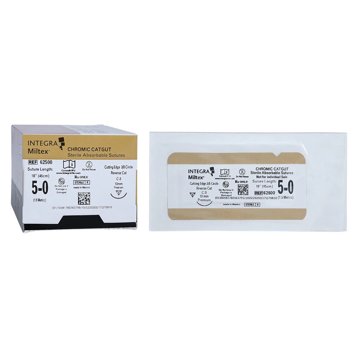 Integra Miltex Chromic Gut Suture, 5-0, 18" Monofilament, C-3 Precision Reverse Cutting 3/8 Circle Needle 13mm, Coated Beige, 12/Box, 62500 - Suture Chromic Gut C-3 - Image 1