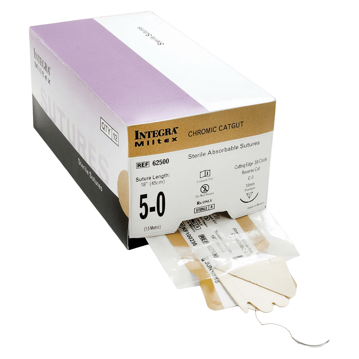 Integra Miltex Chromic Gut Suture, 5-0, 18" Monofilament, C-3 Precision Reverse Cutting 3/8 Circle Needle 13mm, Coated Beige, 12/Box, 62500 thumbnail 2