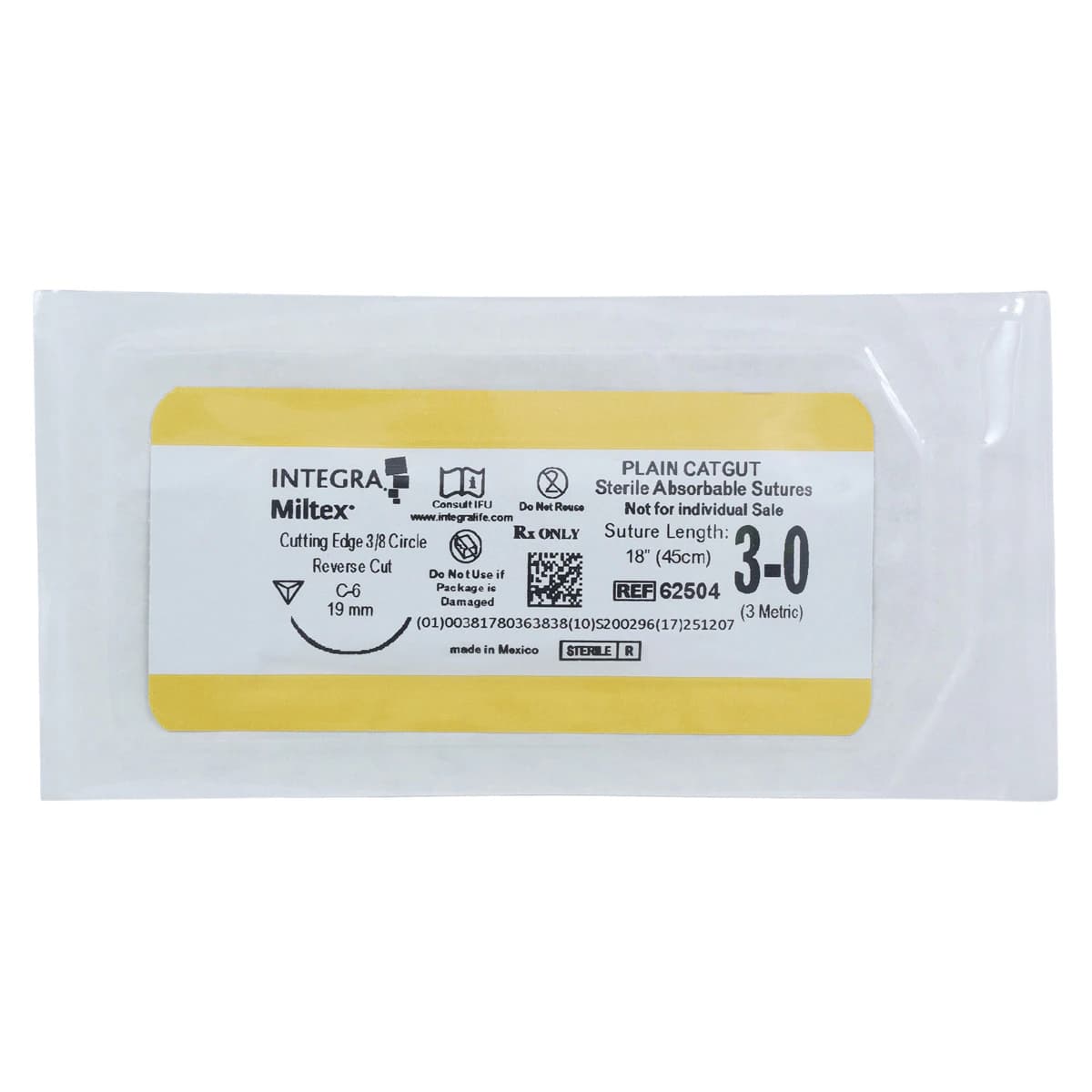 Integra Miltex Plain Gut Suture, 3-0, 18" (45 cm), C-6 Reverse Cutting 3/8 Circle Needle 19mm, Absorbable, Green, 12/Box thumbnail 3