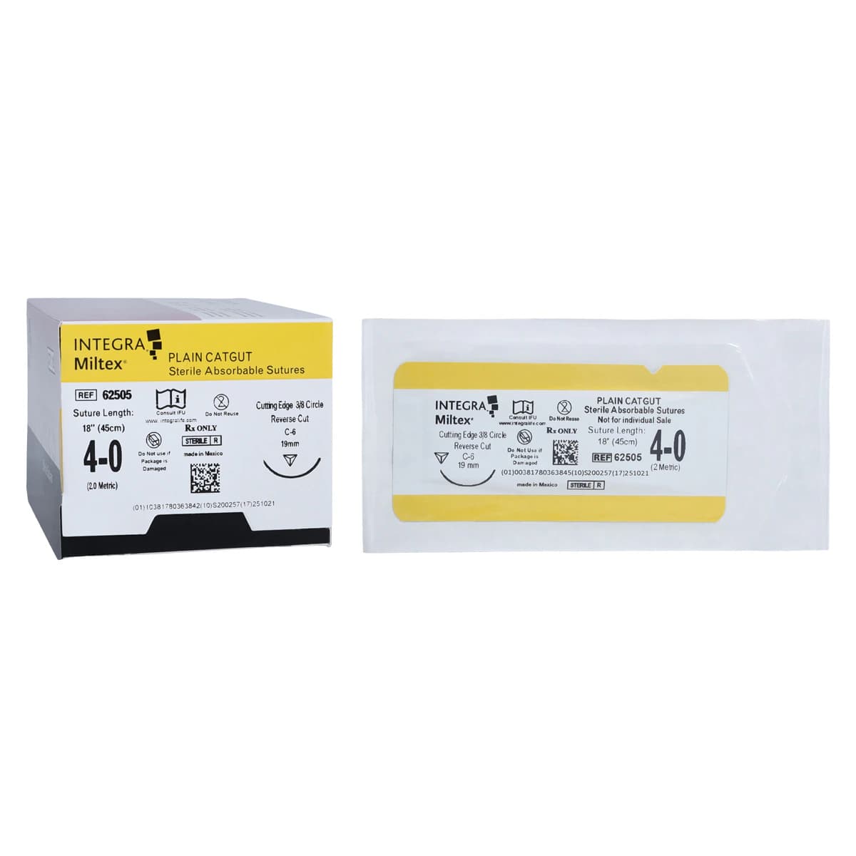 Integra Miltex Plain Gut Suture, 4-0, 18" (45cm), C-6 Reverse Cutting 3/8 Circle Needle 19mm, Green, 12/Box, 62505 - Integra Plain Gut C-6 - Image 1