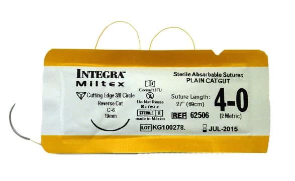 Integra Miltex Plain Gut Suture, 4-0, 27" (45cm), C-6 Reverse Cutting 3/8 Circle Needle 19mm, Green, 12/Box, 62506 thumbnail 2