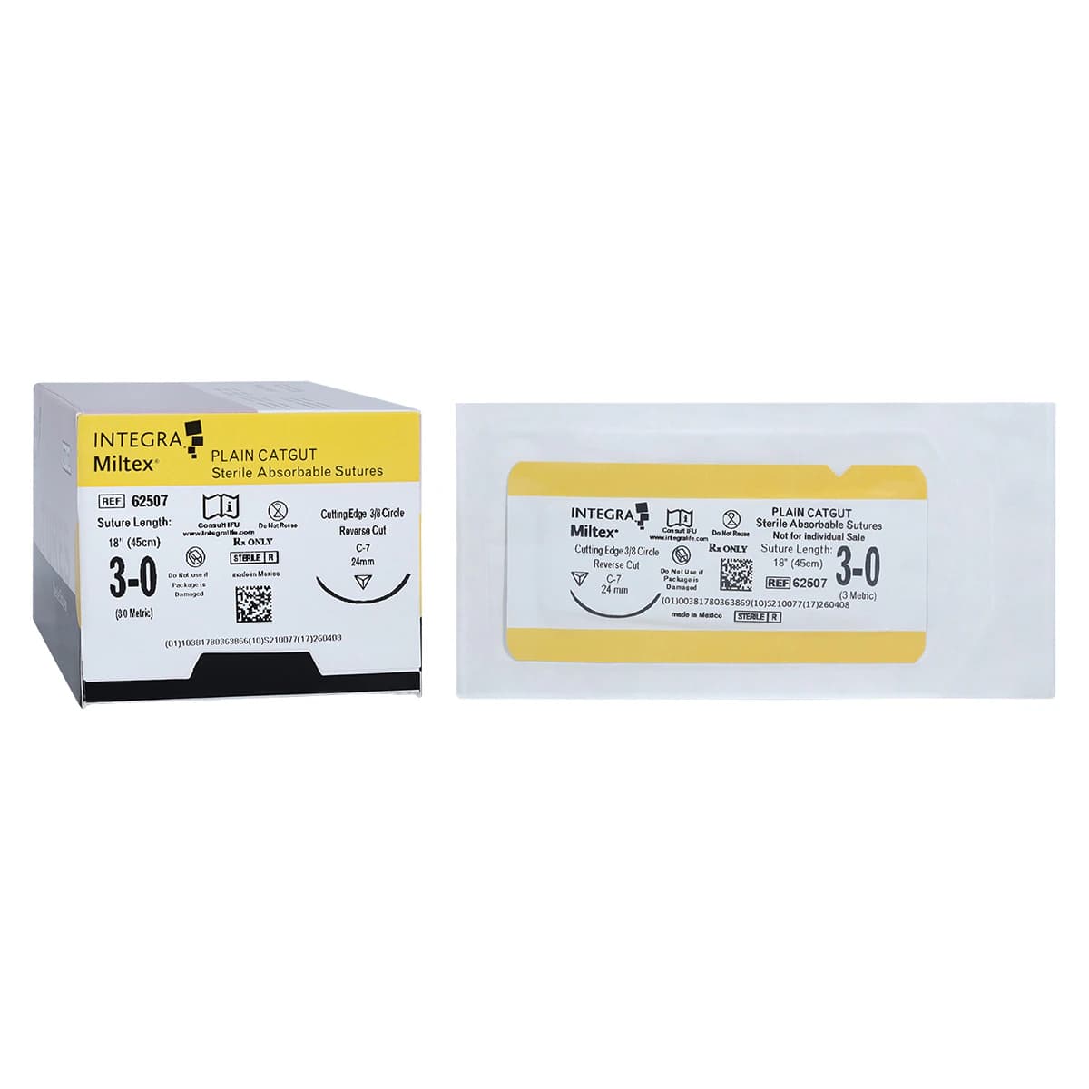 Integra Miltex Plain Gut Suture, 3-0, 18", C-7 Precision Reverse Cutting 3/8 Circle Needle 24mm, Green, 12/Box, 62507 - Integra Plain Gut C-7 - Image 1
