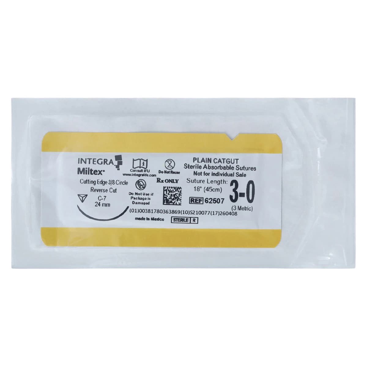 Integra Miltex Plain Gut Suture, 3-0, 18", C-7 Precision Reverse Cutting 3/8 Circle Needle 24mm, Green, 12/Box, 62507 thumbnail 3