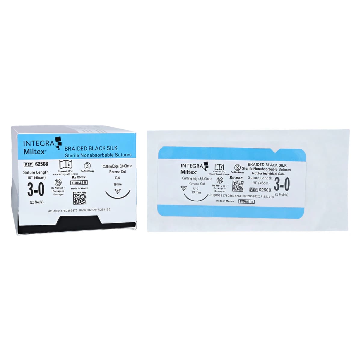 Integra Miltex Silk Black Braided Suture, 3-0, 18", Non-Absorbable, C-6 Reverse Cutting 3/8 Circle Needle 19mm, 12/Box, 62508 thumbnail 2