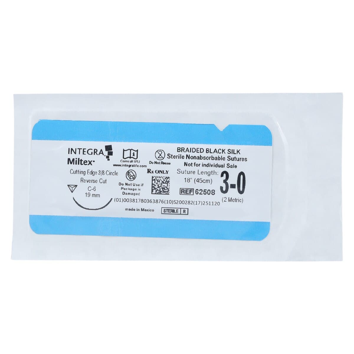 Integra Miltex Silk Black Braided Suture, 3-0, 18", Non-Absorbable, C-6 Reverse Cutting 3/8 Circle Needle 19mm, 12/Box, 62508 thumbnail 3