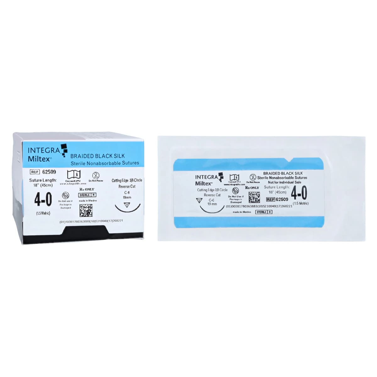 Integra Miltex Silk Black Braided Suture, 4-0, 18" (45cm), Non-Absorbable, C-6 Reverse Cutting 3/8 Circle Needle 19mm, 12/Box, 62509 thumbnail 2