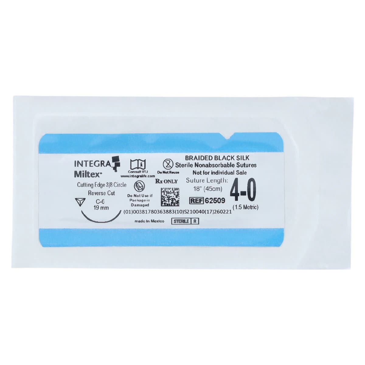 Integra Miltex Silk Black Braided Suture, 4-0, 18" (45cm), Non-Absorbable, C-6 Reverse Cutting 3/8 Circle Needle 19mm, 12/Box, 62509 thumbnail 3