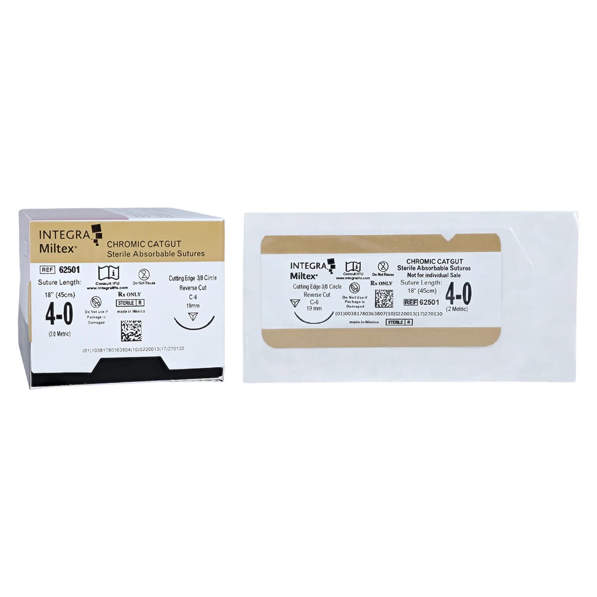 Integra Miltex Chromic Gut Suture, 4-0, 18" Monofilament, C-6 3/8 Circle Reverse Cutting Needle, Beige, 12/Box, 62501 - Integra™ Sutures 4-0 Chromic Gut Monofilament C-6 3/8 Circle Beige 18 Inch Pkg/12 - Image 1