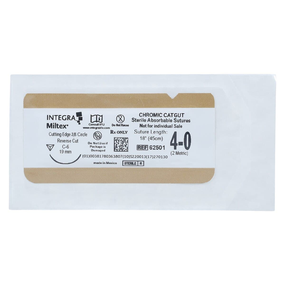 Integra Miltex Chromic Gut Suture, 4-0, 18" Monofilament, C-6 3/8 Circle Reverse Cutting Needle, Beige, 12/Box, 62501 thumbnail 3