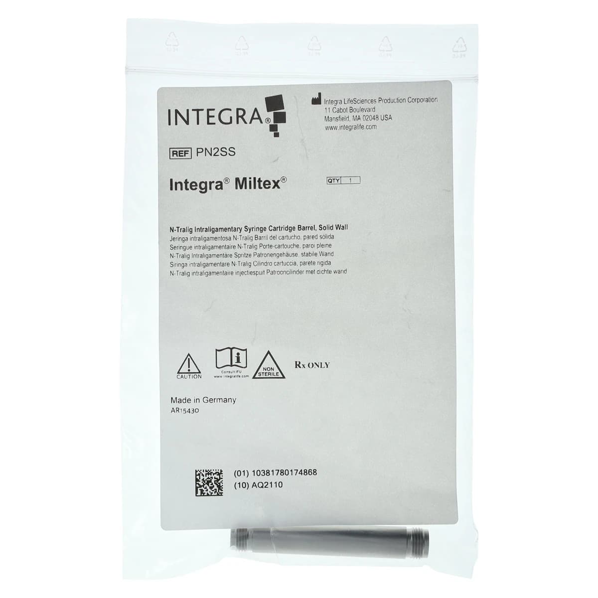 Miltex N-Tralig Intraligamentary Syringe Cartridge Barrel, Solid Wall, Stainless Steel, 1/Pk, PN2SS thumbnail 3