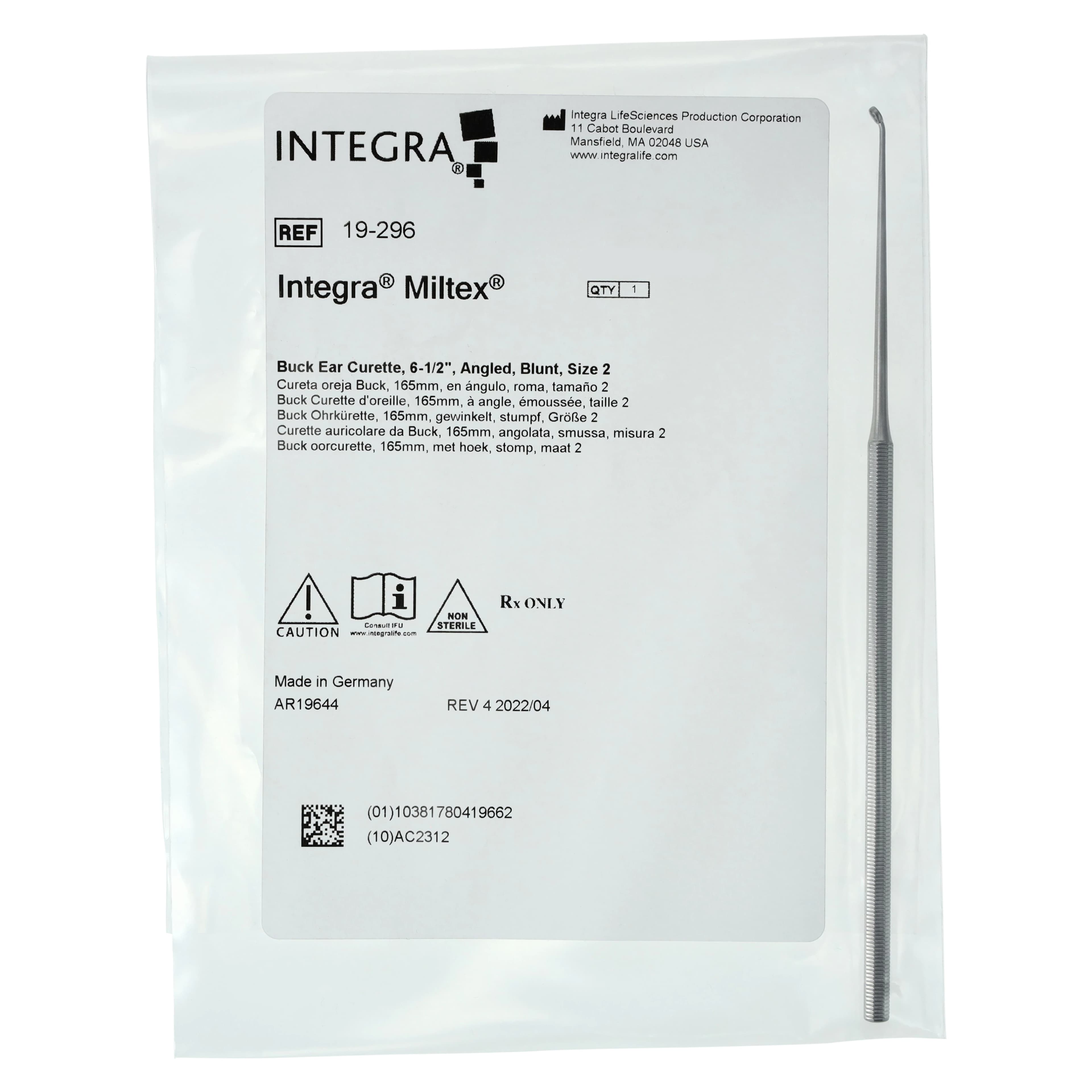 Miltex-Integra Buck Ear Curette, Blunt Angled, Size 2, 6-1/2" Stainless Steel, Each thumbnail 5