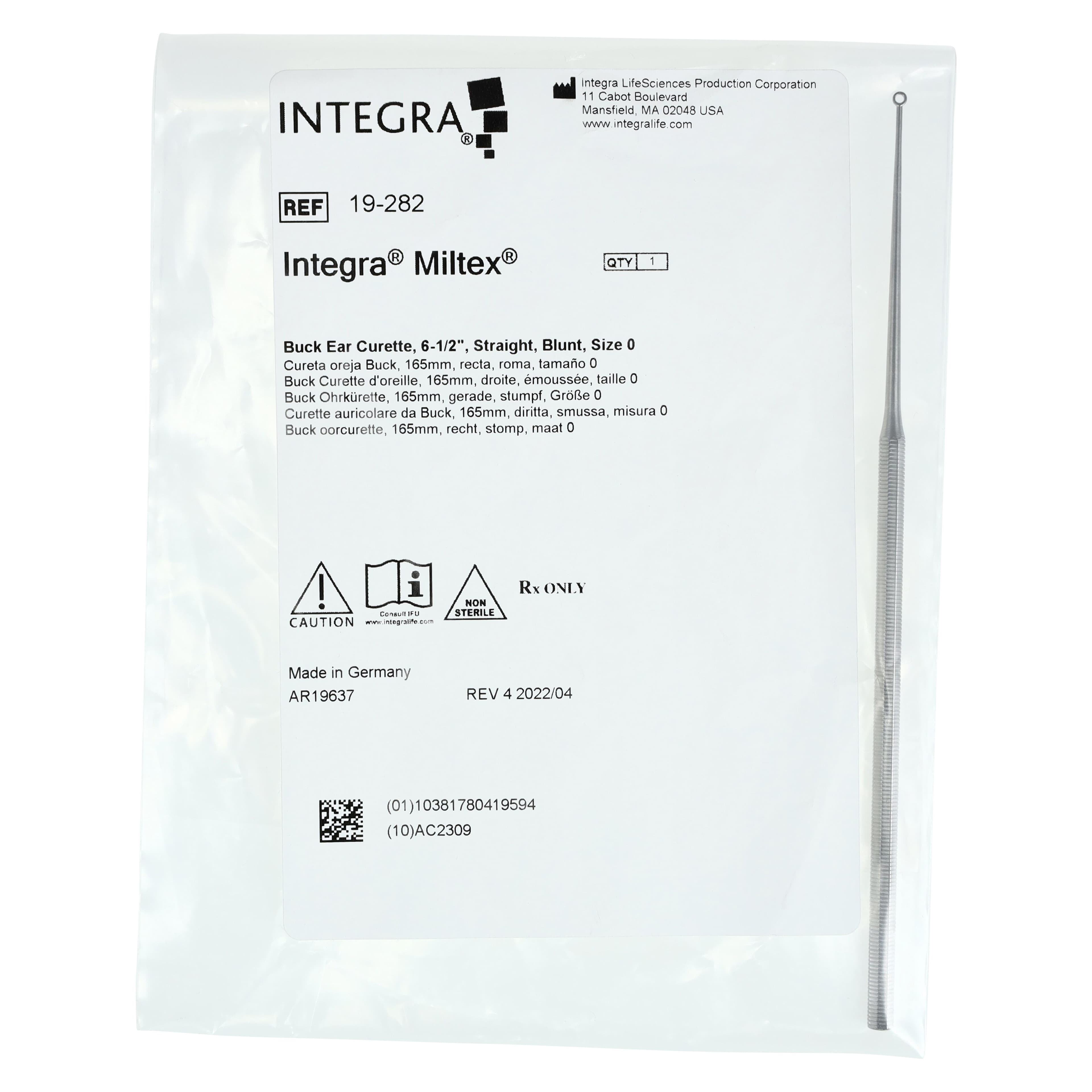Miltex-Integra Buck Ear Curette, Blunt, Size 0, 6-1/2" Stainless Steel, Each thumbnail 5