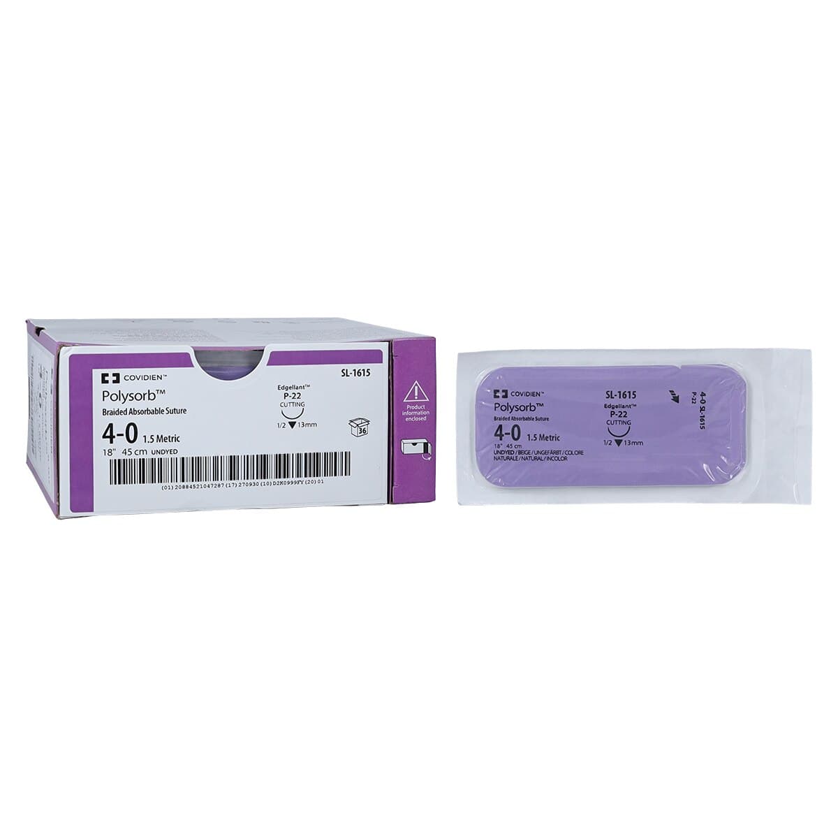 Medtronic Polysorb Suture, 4-0, 18", P-22 Premium Reverse Cutting 1/2 Circle Needle 13mm, Coated, Undyed, 36/Case thumbnail 2