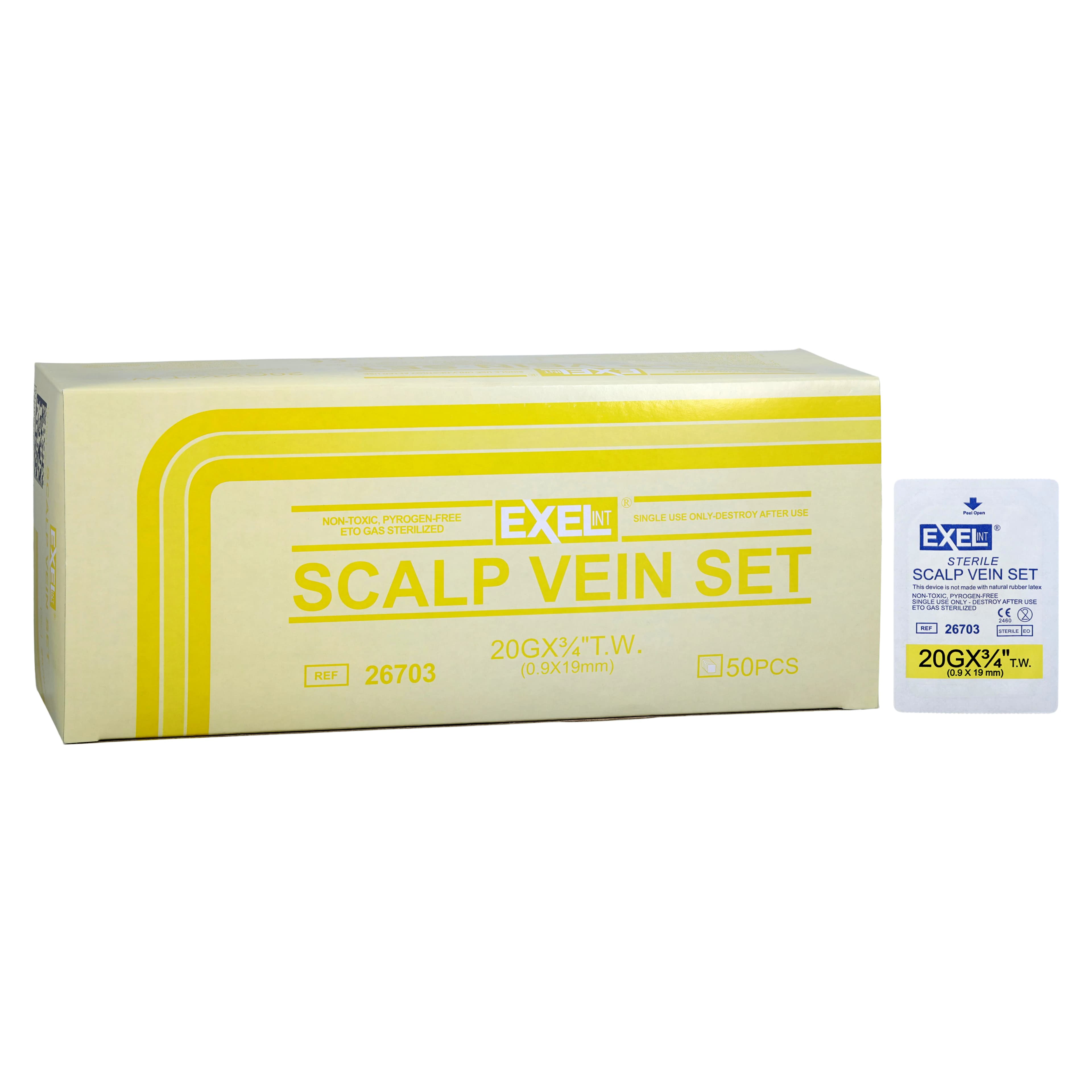 Exel Scalp Vein Butterfly Infusion Set, 20 Gauge x 3/4" x 12" Tubing, Yellow, 50/Box - Scalp Vein Butterfly - Image 1