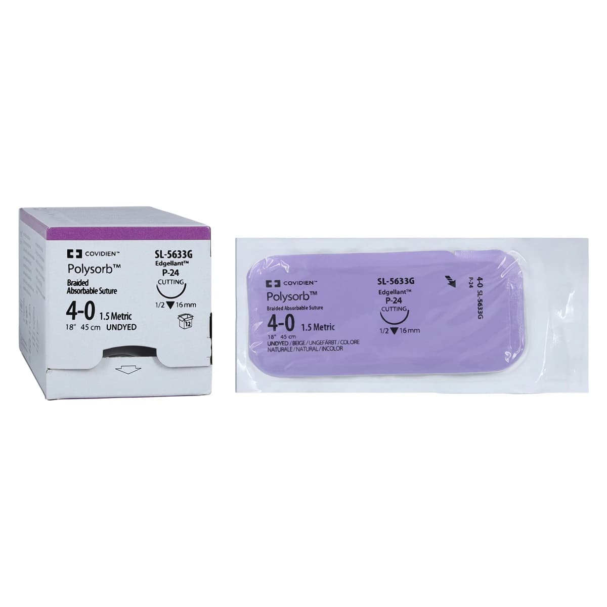 Medtronic Polysorb Absorbable Suture, 4-0, 18", P-24 Premium Reverse Cutting 1/2 Circle Needle 16mm, Undyed, 12/Case - Suture Polysorb Undyed P-24 - Image 1