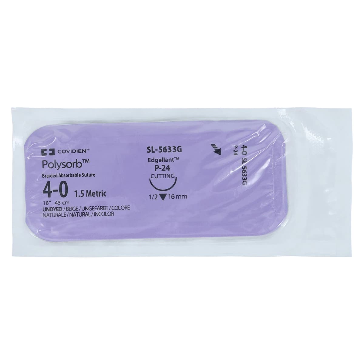 Medtronic Polysorb Absorbable Suture, 4-0, 18", P-24 Premium Reverse Cutting 1/2 Circle Needle 16mm, Undyed, 12/Case thumbnail 3